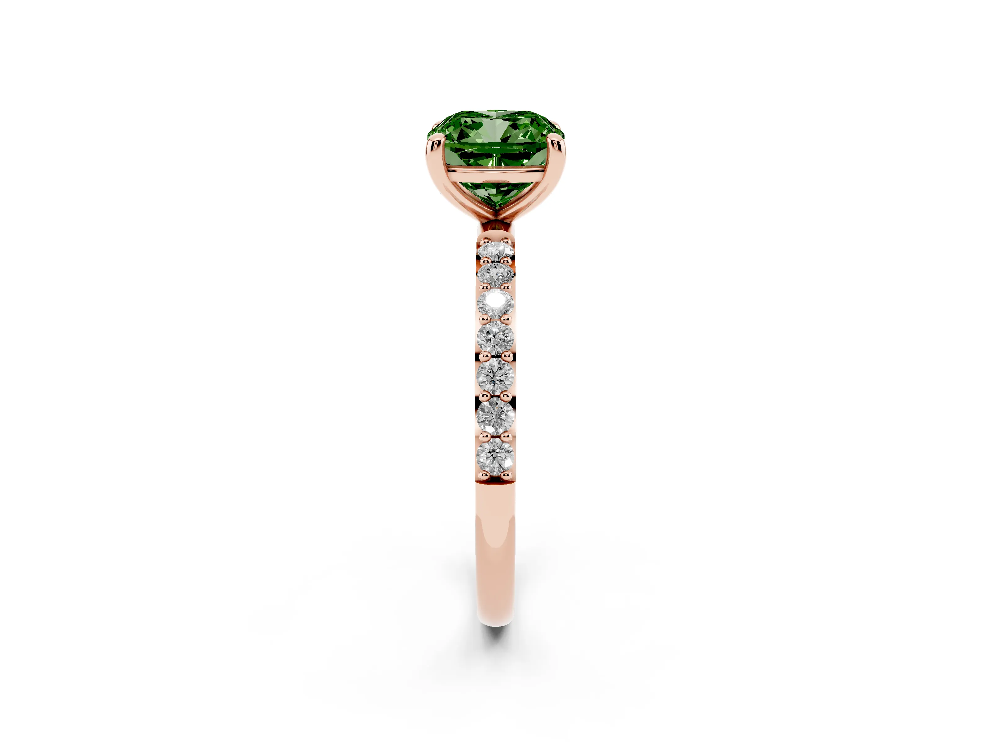 Fancy Green Cushion Cut Diamond Solitaire Ring Set in Rose gold with Round Pavé Band and Prong Setting