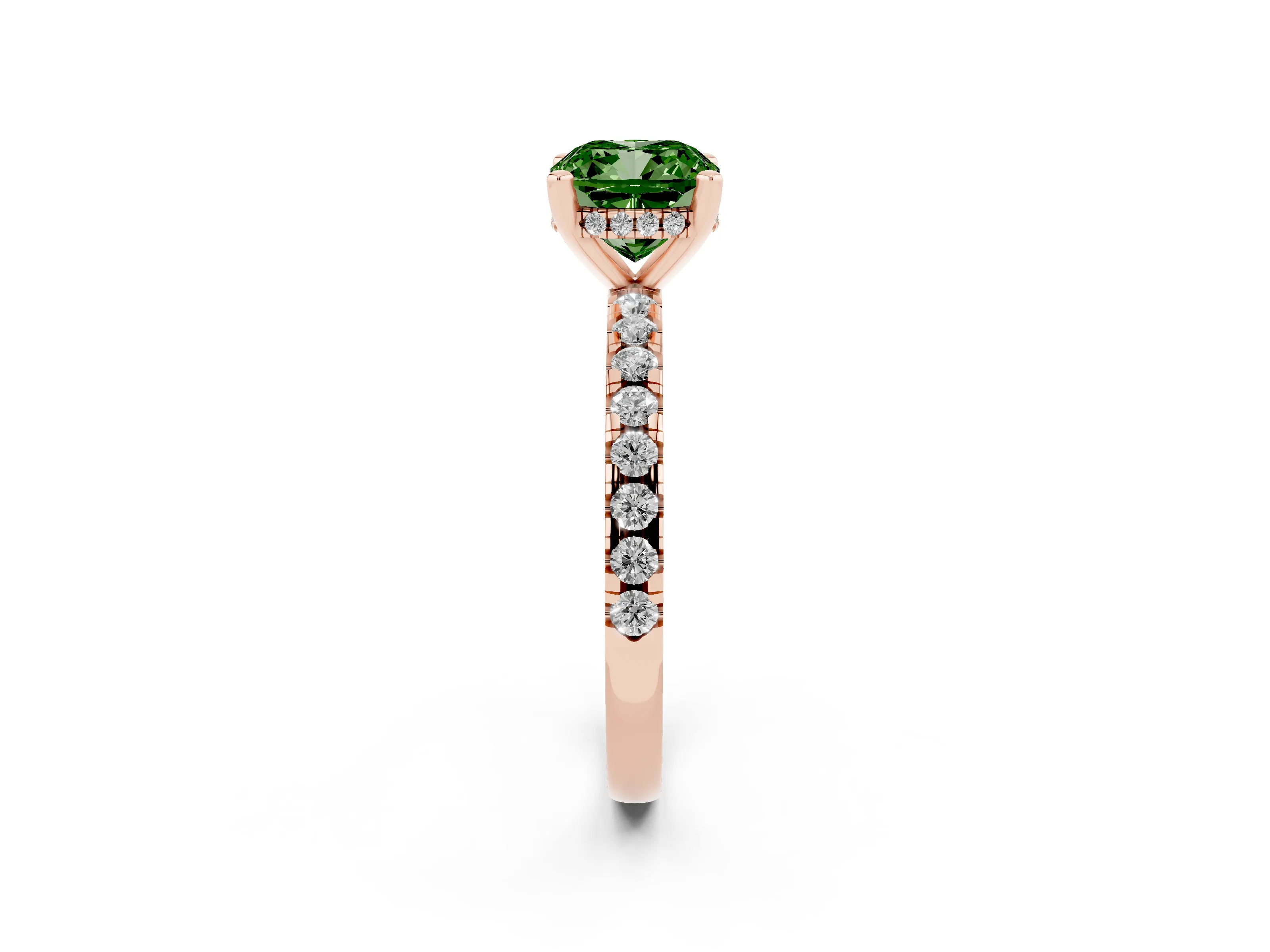 Fancy Green Cushion Cut Diamond Pavé Solitaire Ring Set in Rose gold with Round Band Accents and Prong Setting
