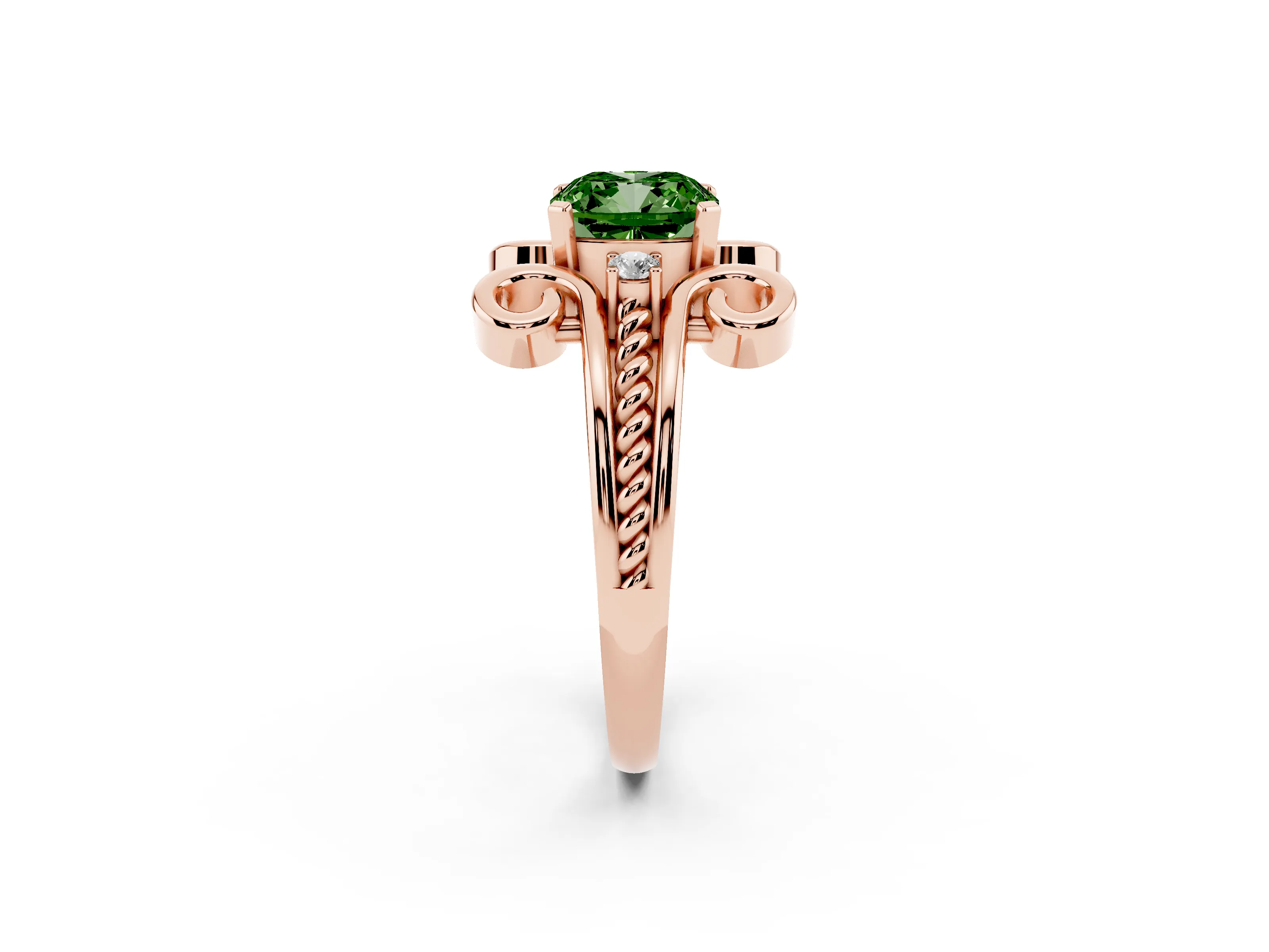 Fancy Green Cushion Cut Diamond Twisted Band Solitaire Ring Set in Rose gold with Scroll Prongs