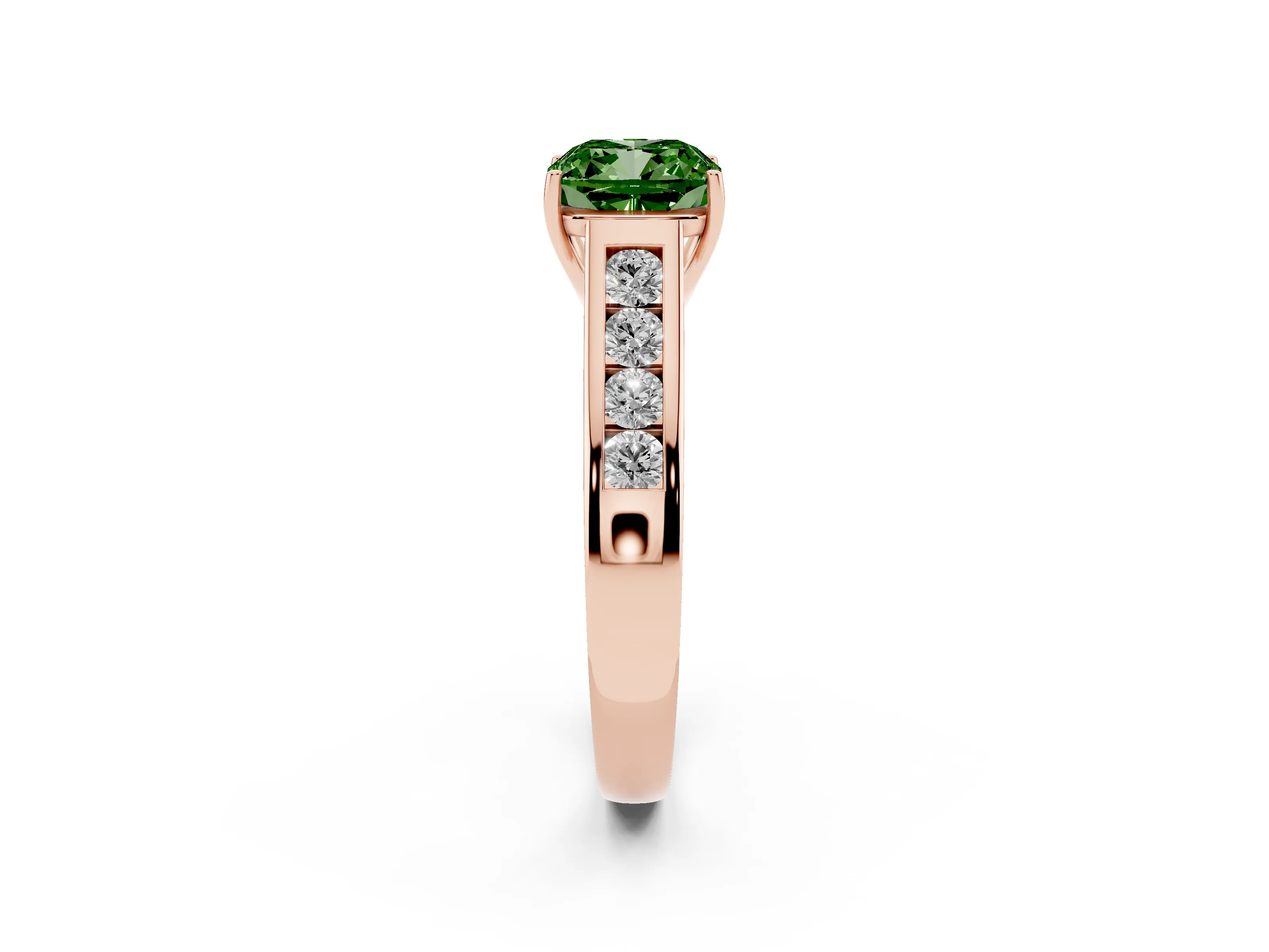 Fancy Green Cushion Cut Diamond Brilliant Channel-Set Solitaire Ring Set in Rose gold with Prong Setting