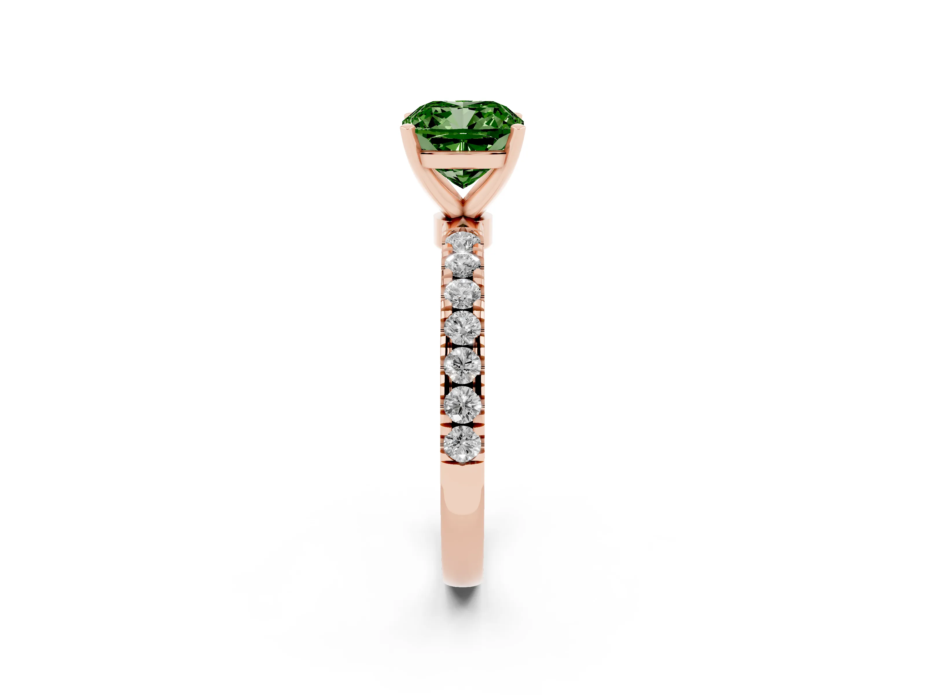 Fancy Green Cushion Cut Diamond Solitaire Ring Set in Rose gold with Pavé Accents and Prong Setting