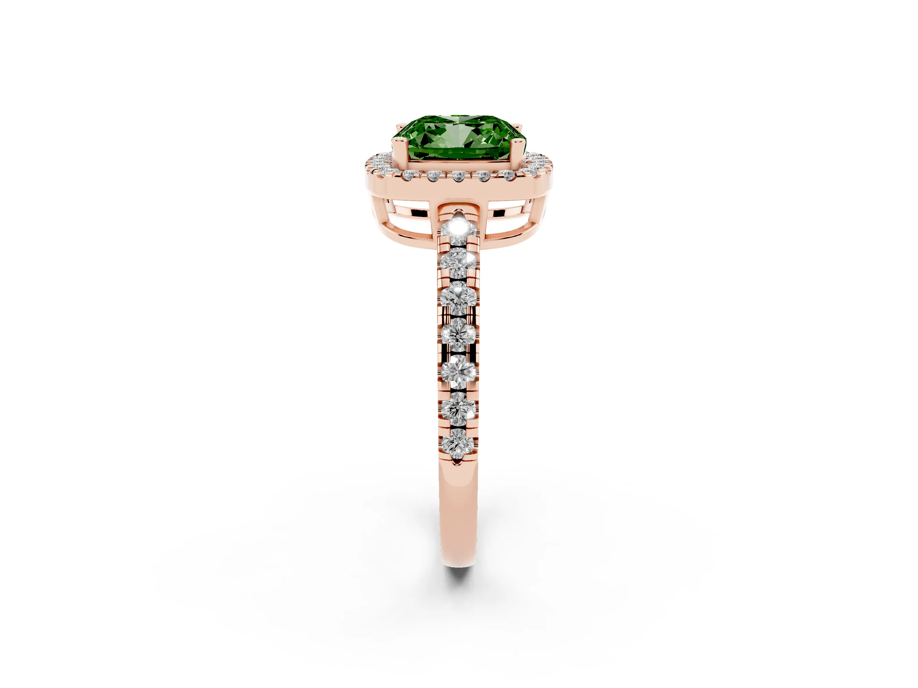 Fancy Green Cushion Cut Diamond Halo Ring Set in Rose gold with Delicate Pavé Band and Prong Setting