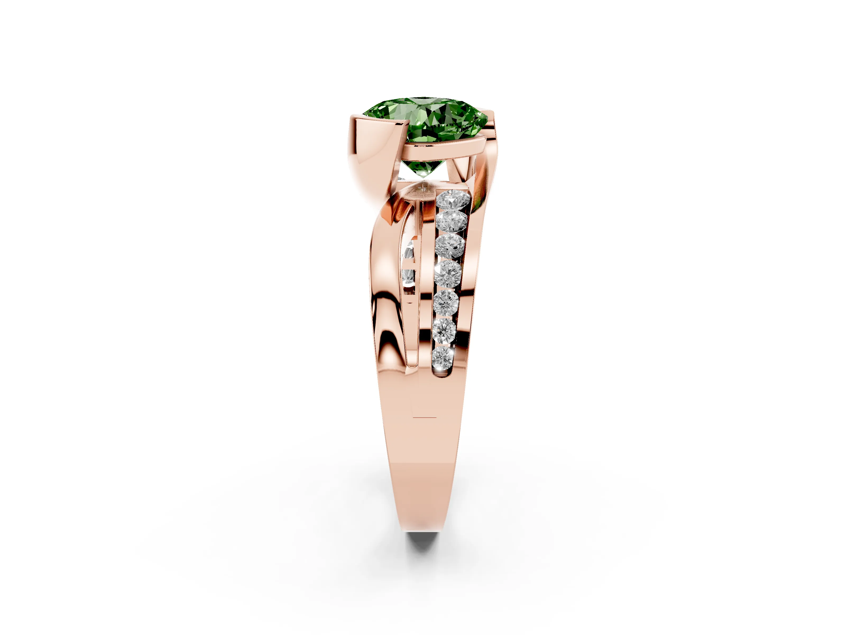 Fancy Green Cushion Cut Diamond Solitaire Ring Set in Rose gold with Channel Set Split Shank and Tension Prongs