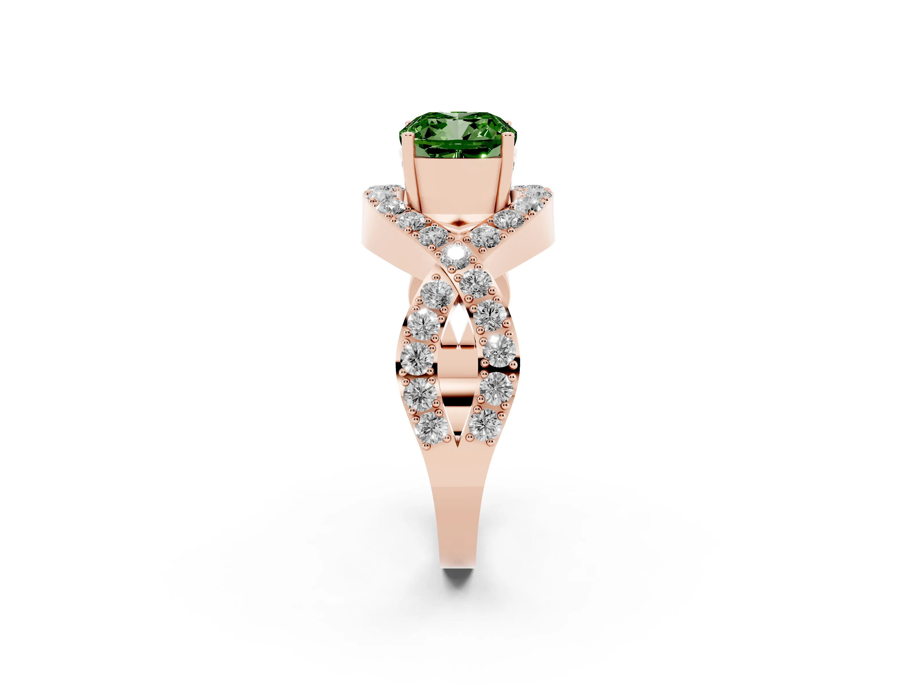 Fancy Green Cushion Cut Diamond Solitaire Twist Band Pavé Engagement Ring Set in Rose gold