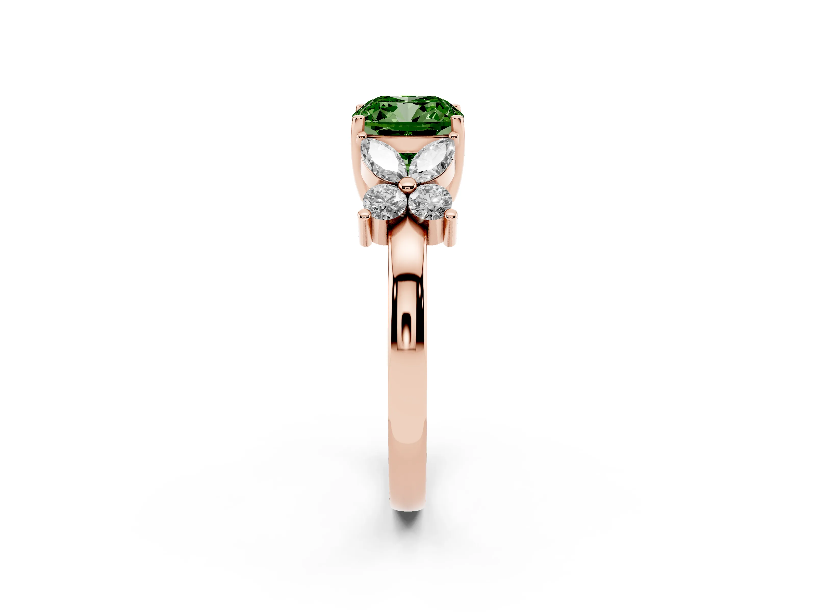 Fancy Green Cushion Cut Diamond Floral Cluster Ring Set in Rose gold with Marquise Petals and Prong Setting