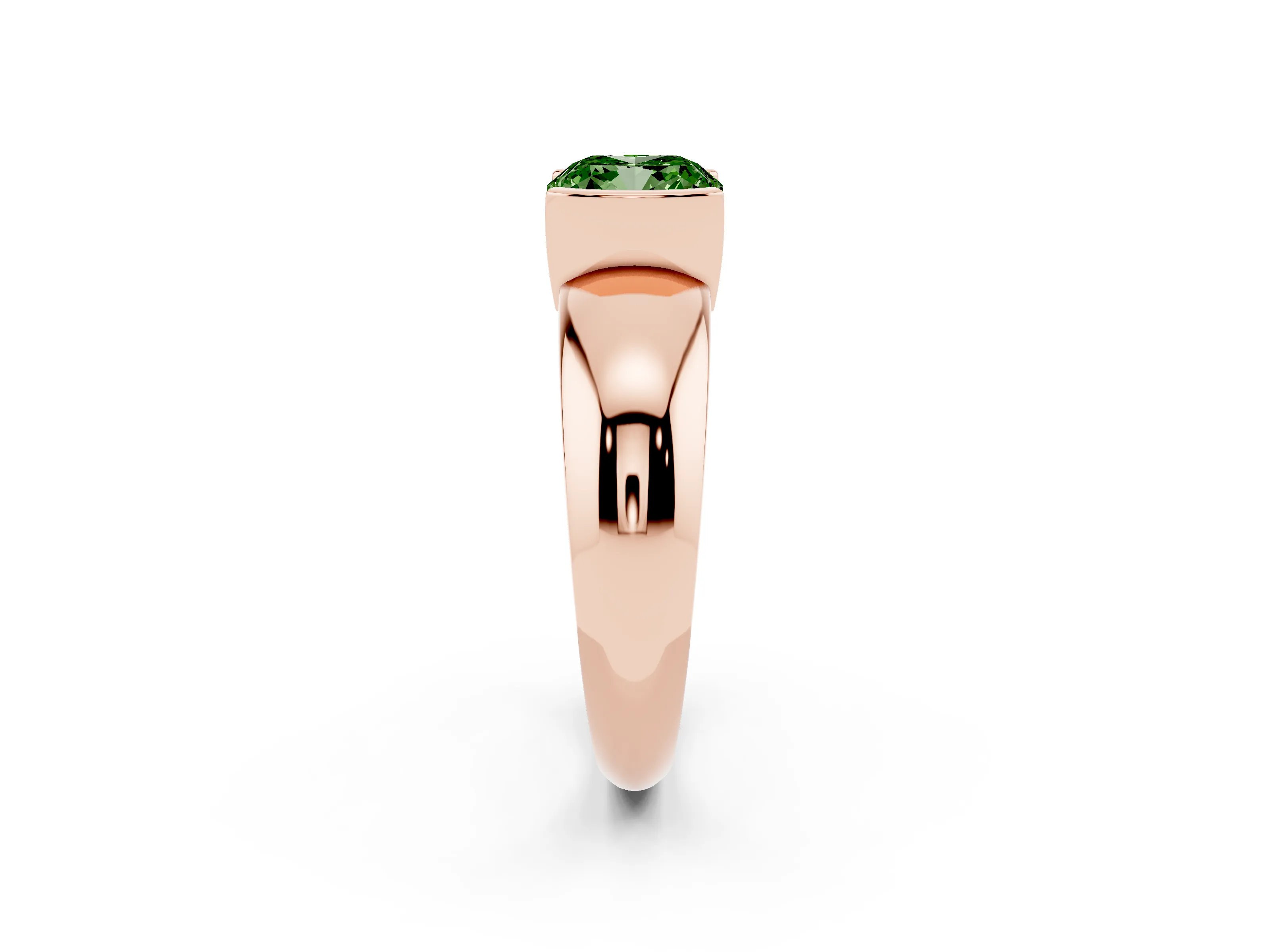Fancy Green Cushion Cut Diamond Solitaire Tension Set Ring Set in Rose gold with Wide Band