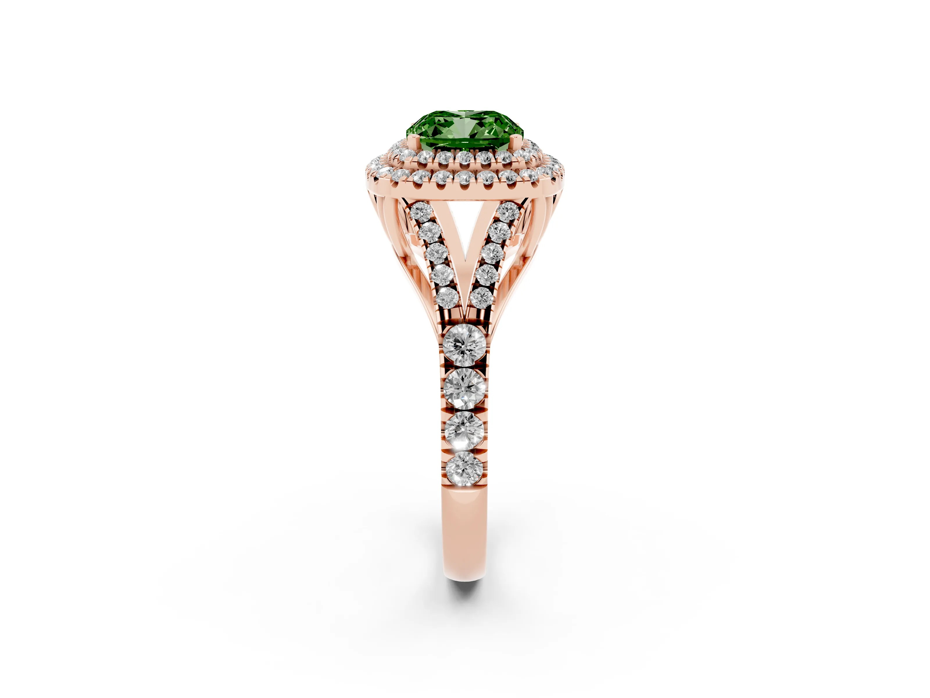 Fancy Green Cushion Cut Diamond Pavé Split Shank Double Halo Engagement Ring Set in Rose gold