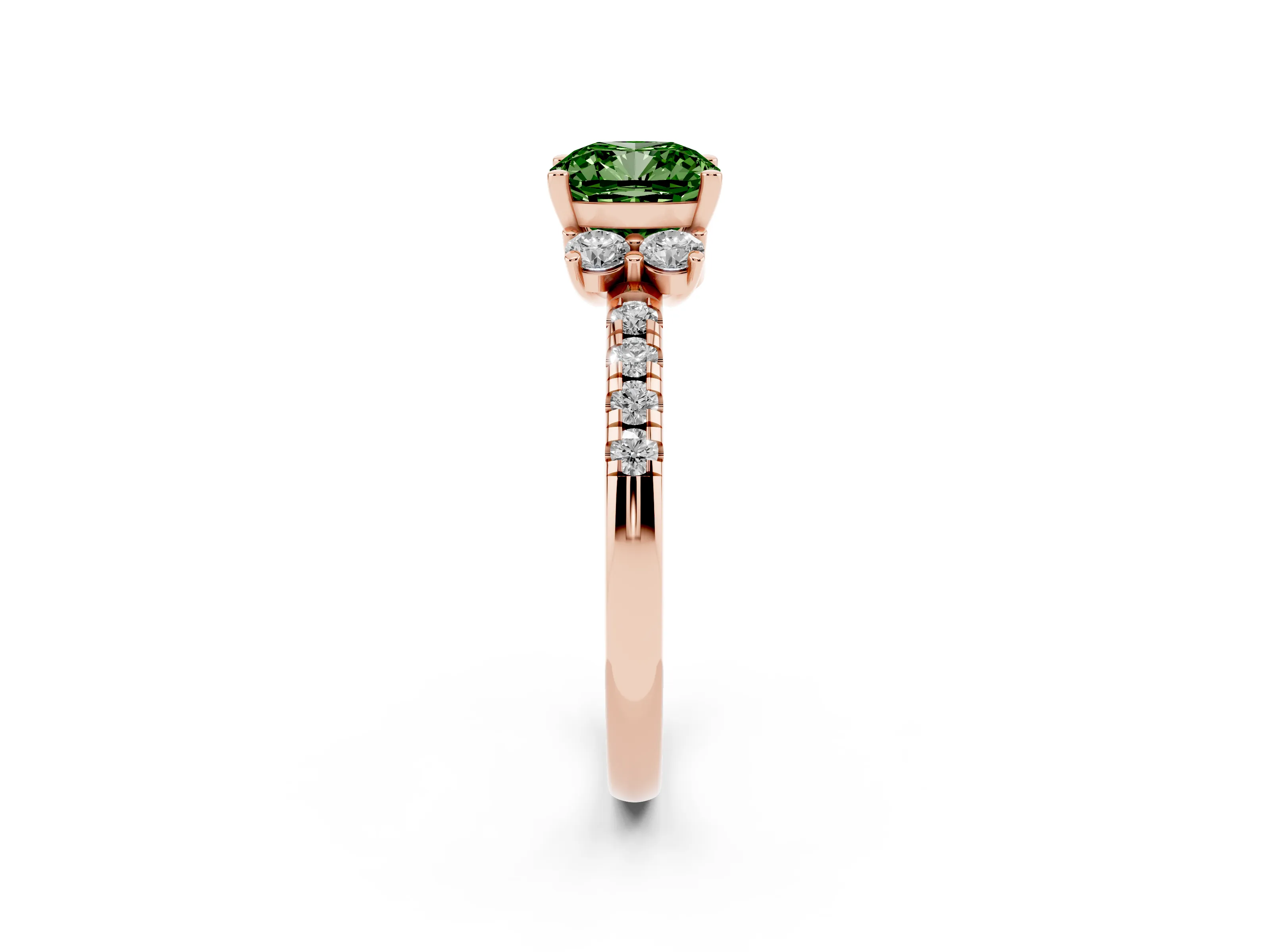 Fancy Green Cushion Cut Diamond Three-Stone Pavé Ring Set in Rose gold with Prong Setting