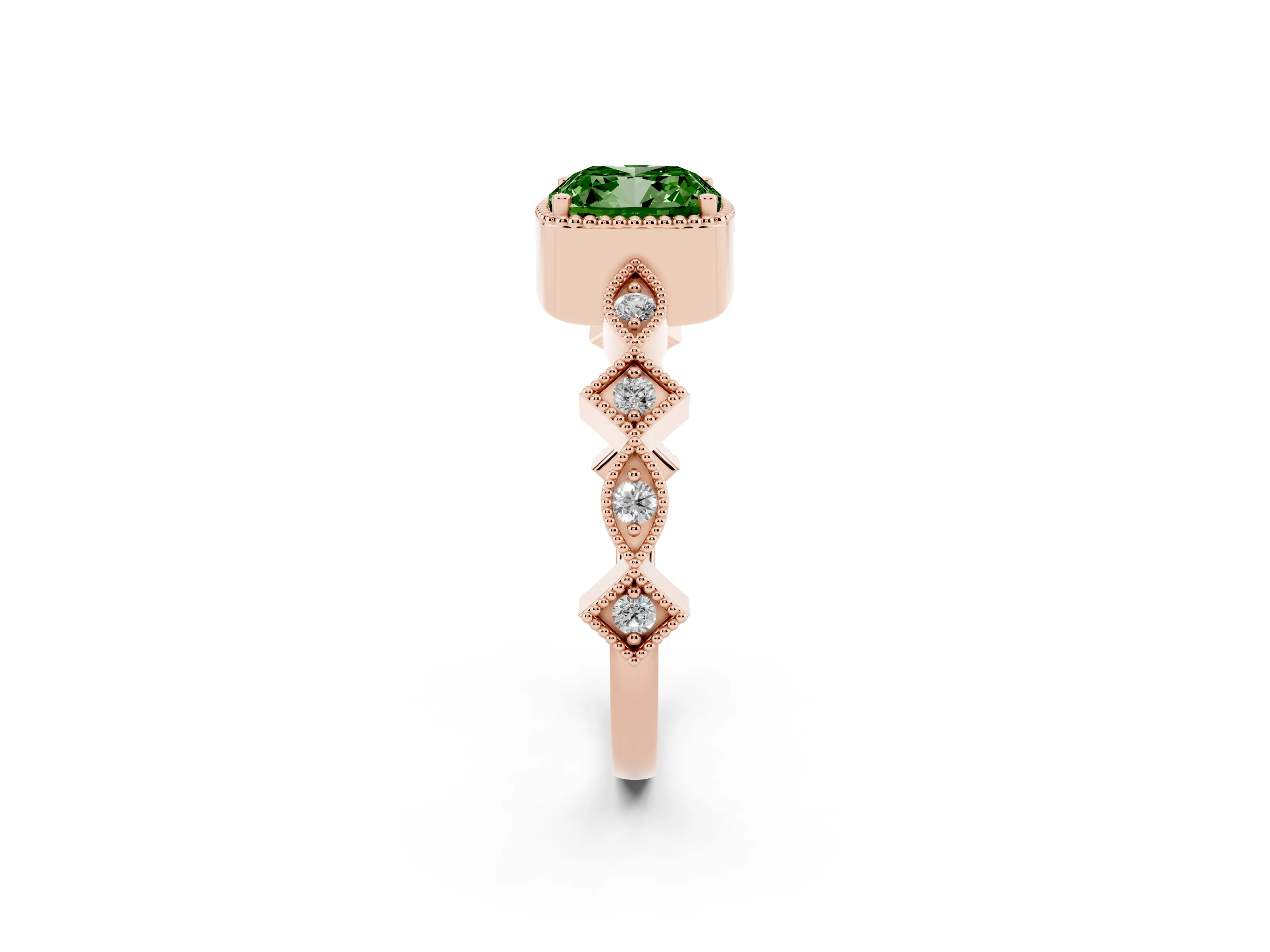 Fancy Green Cushion Cut Diamond Milgrain Marquise Twist Band Ring Set in Rose gold with Prong Setting