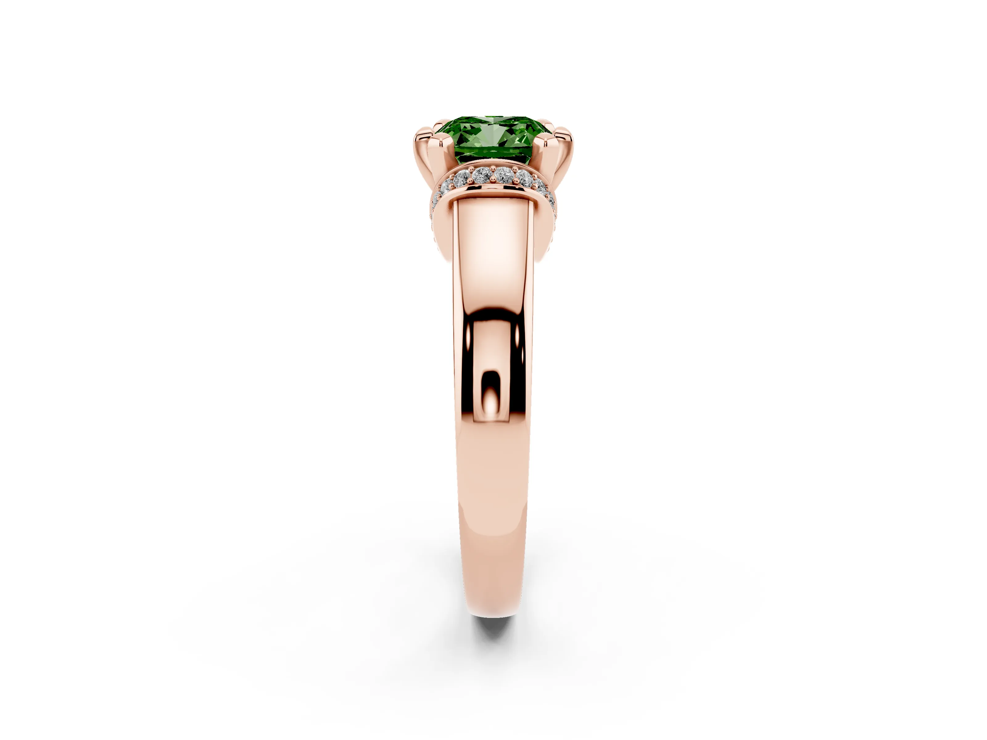 Fancy Green Cushion Cut Diamond Pavé Band Solitaire Ring Set in Rose gold with Prong Setting