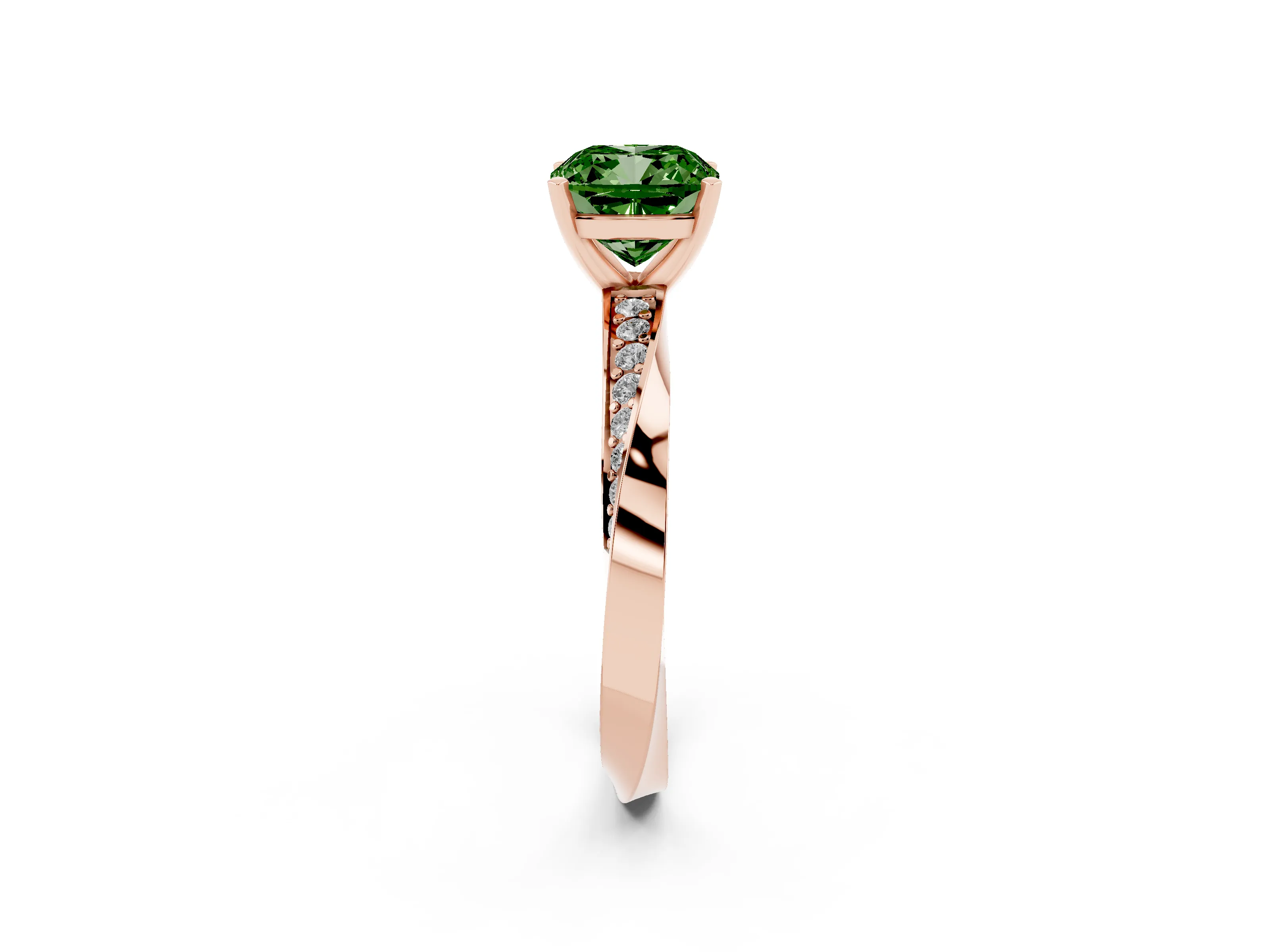 Fancy Green Cushion Cut Diamond Engagement Ring Set in Rose gold with Side Stone Accents and Prong Setting