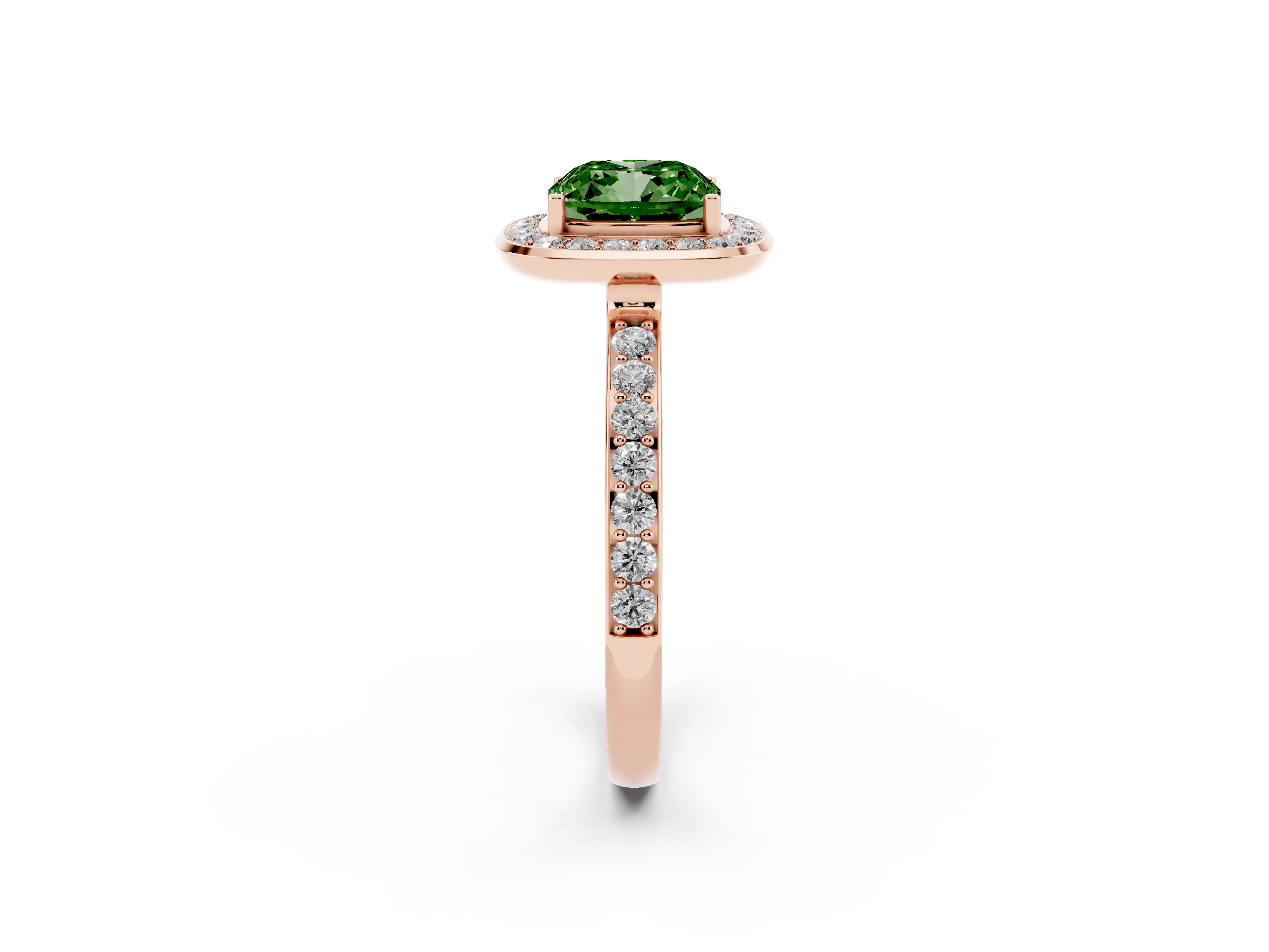 Fancy Green Cushion Cut Diamond Halo Ring Set in Rose gold with Bezel Frame and Pavé Band