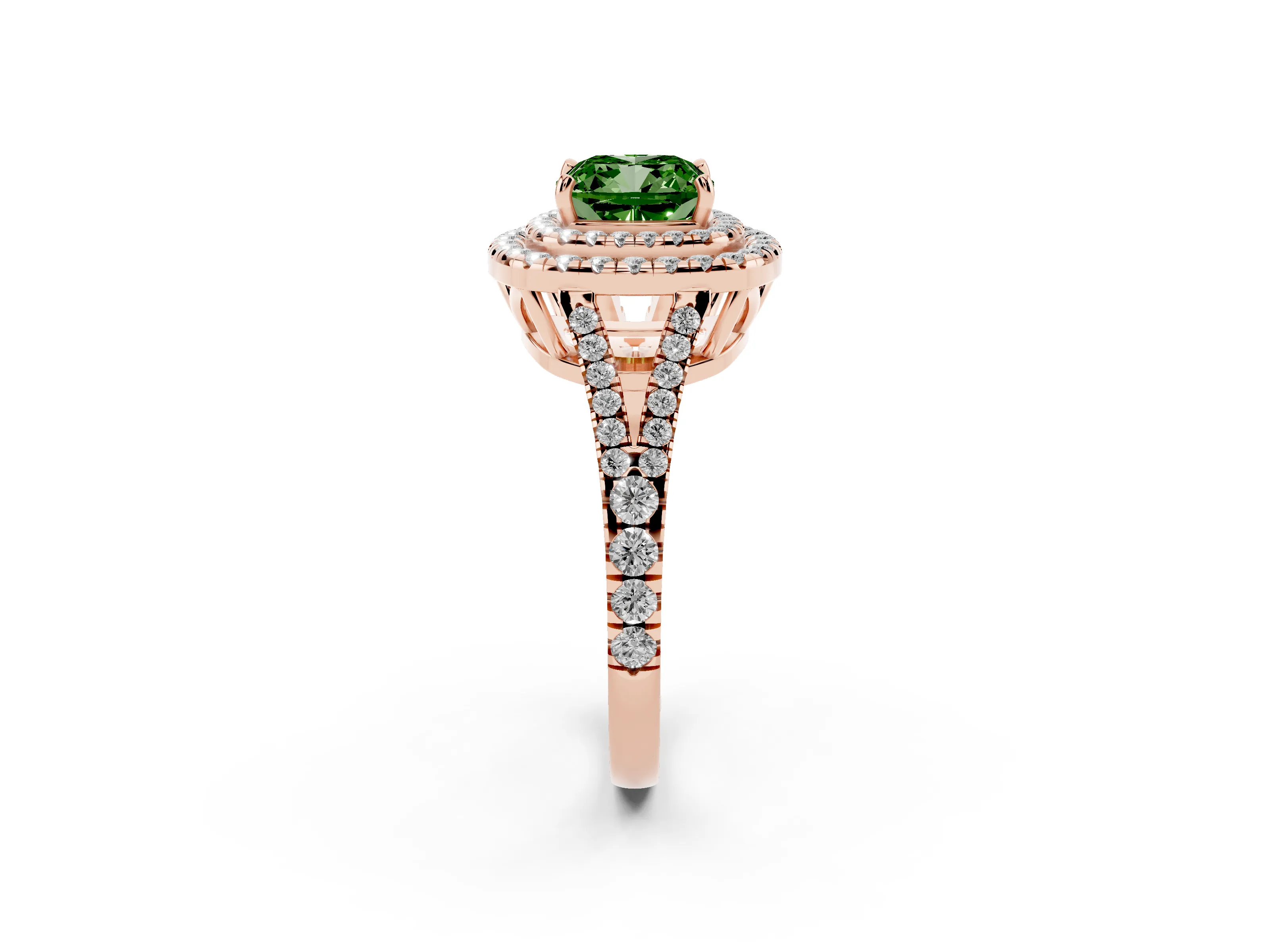 Fancy Green Cushion Cut Diamond Double Halo Ring Set in Rose gold with Pavé Band