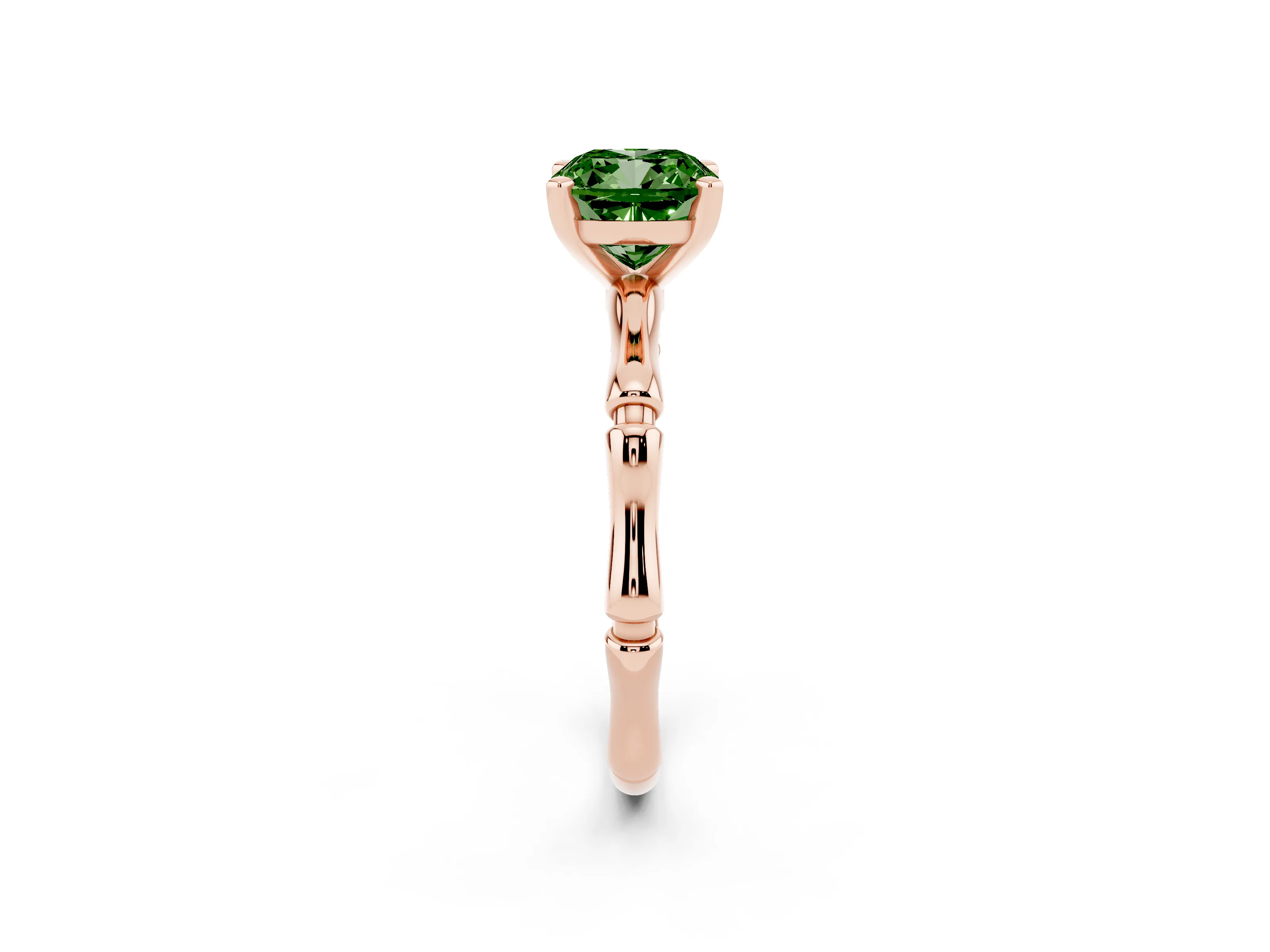 Fancy Green Cushion Cut Diamond Solitaire Ring Set in Rose gold with Bamboo Band and Prong Setting