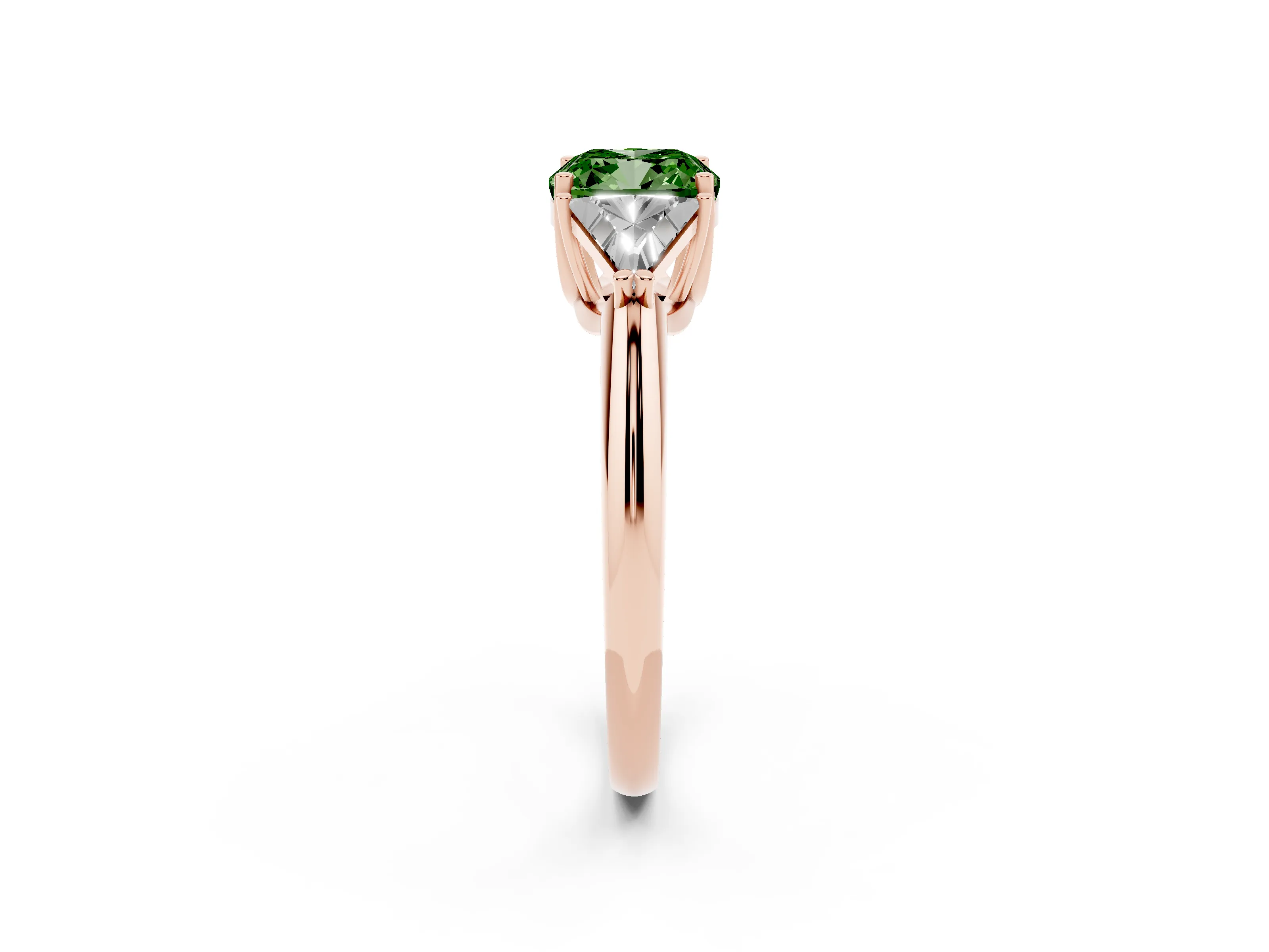 Fancy Green Cushion Cut Diamond Three-Stone Engagement Ring Set in Rose gold with Trillion Side Stones