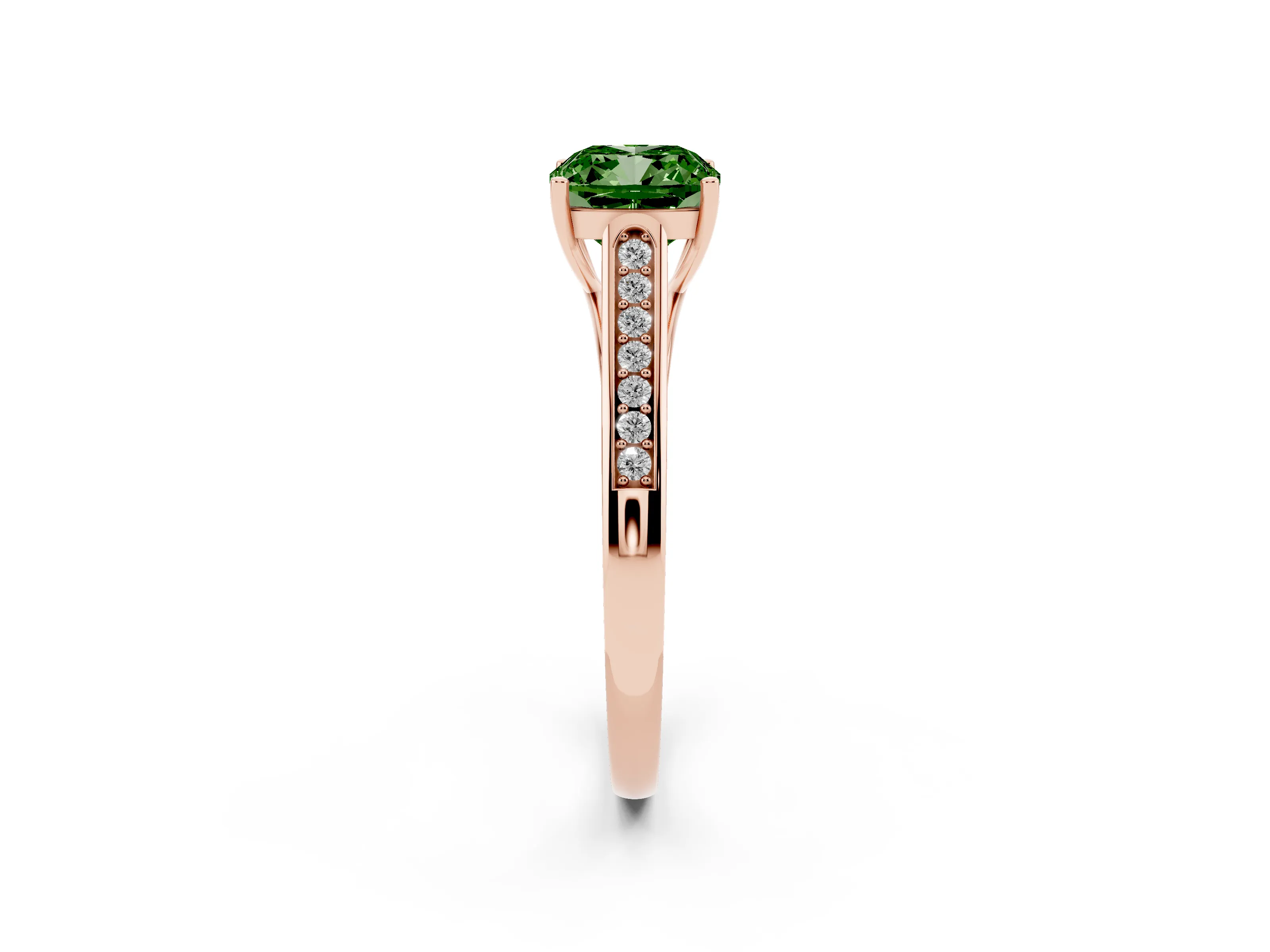 Fancy Green Cushion Cut Diamond Solitaire Cathedral Engagement Ring Set in Rose gold with Channel-Set Band and Prong Setting