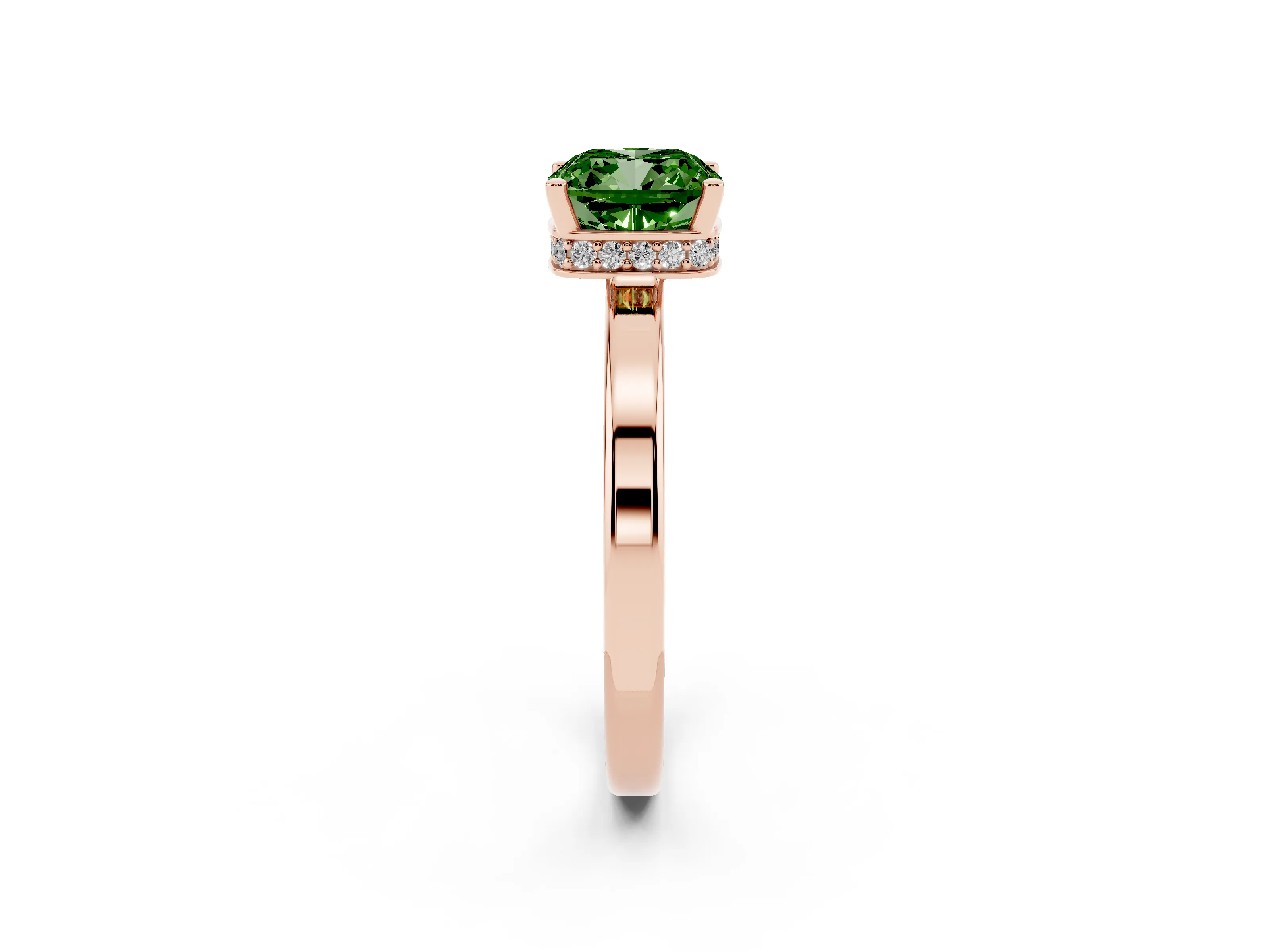 Fancy Green Cushion Cut Diamond Solitaire Engagement Ring Set in Rose gold with Prong Setting on a Plain Band