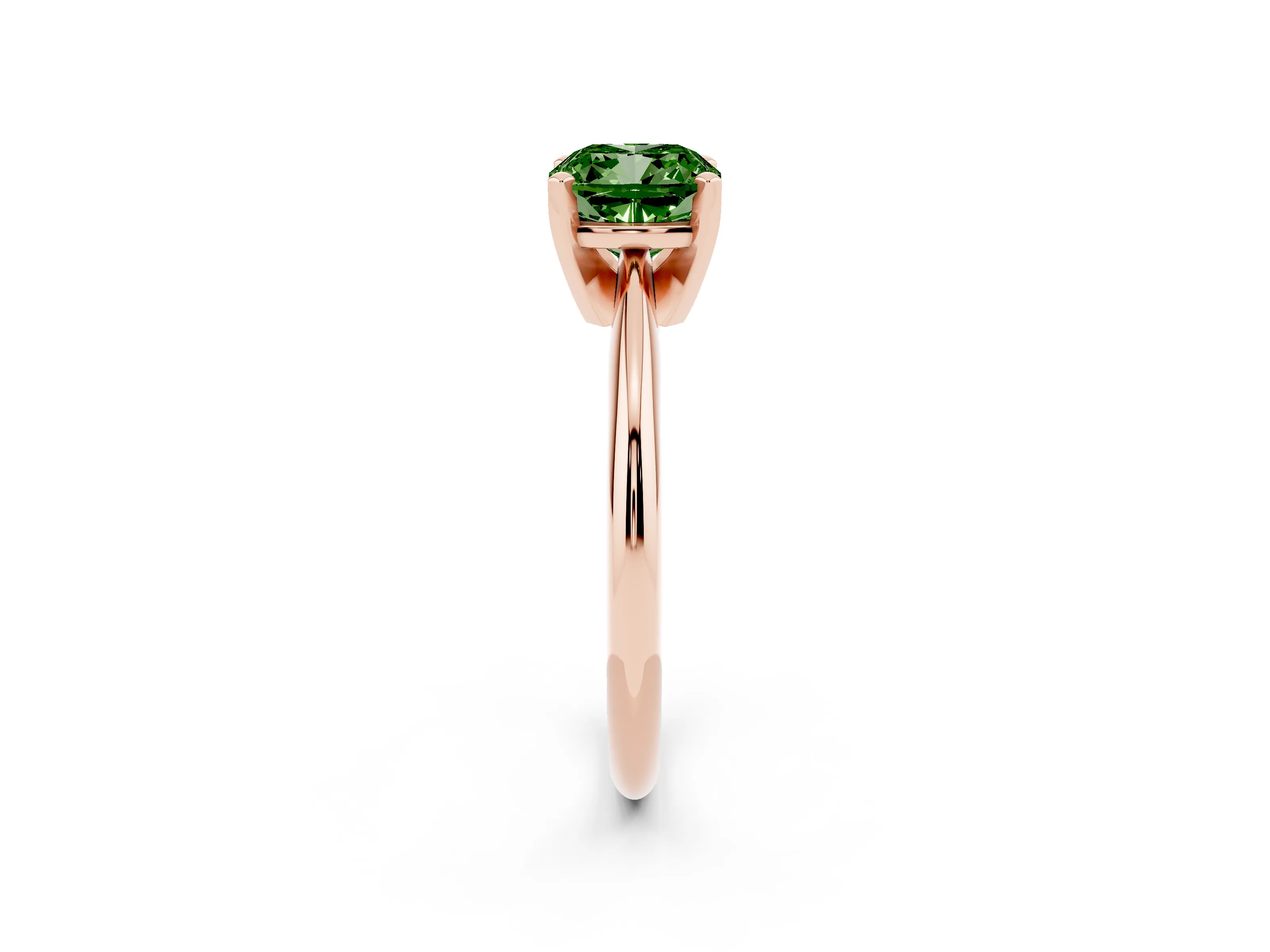 Fancy Green Cushion Cut Diamond Solitaire Ring Set in Rose gold with Prong Setting on a Plain Round Band