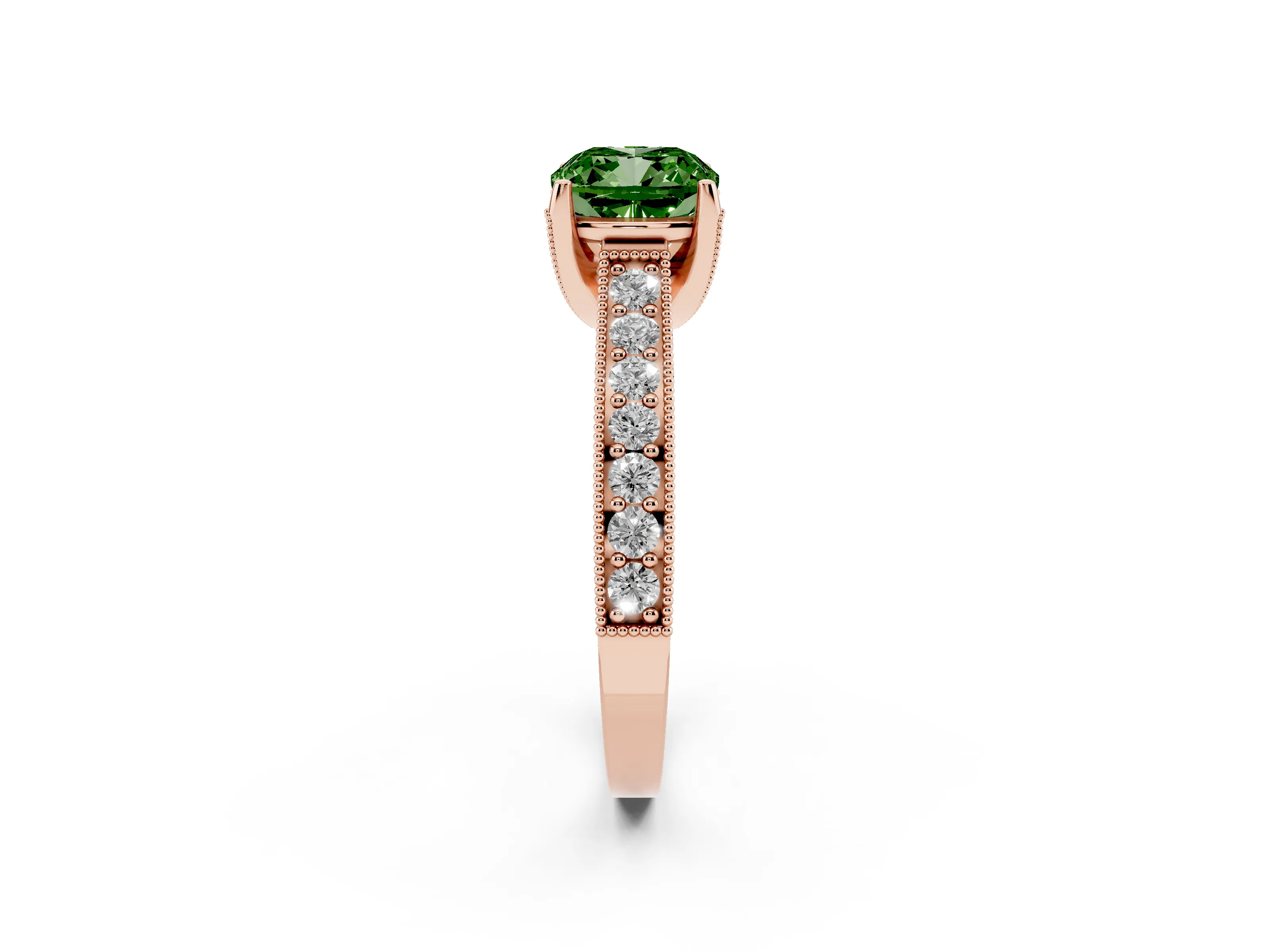 Fancy Green Cushion Cut Diamond Solitaire Ring Set in Rose gold with Milgrain-Edged Pavé Band and Prong Setting
