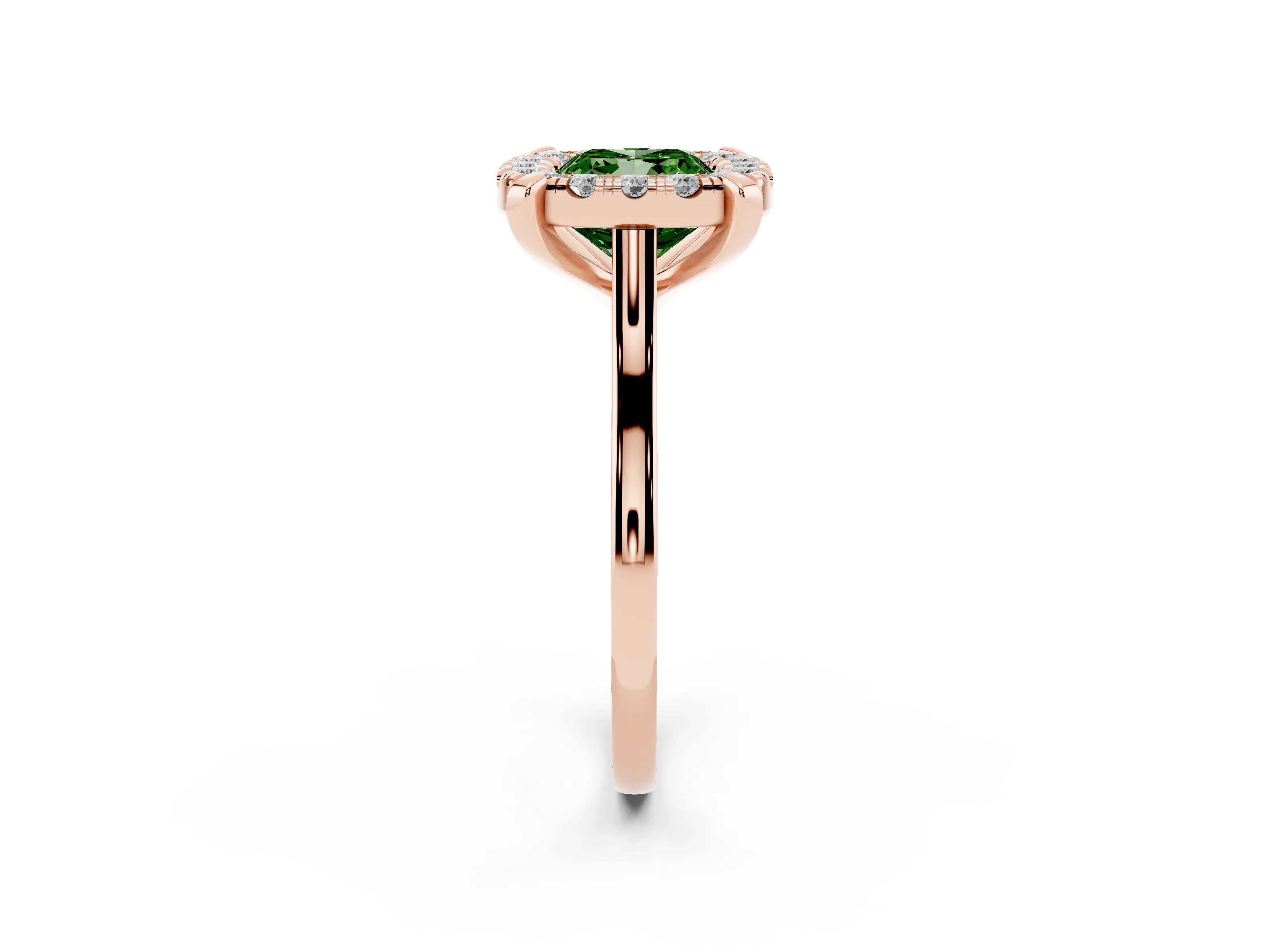 Fancy Green Cushion Cut Diamond Cluster Halo Solitaire Ring Set in Rose gold with Prong Setting