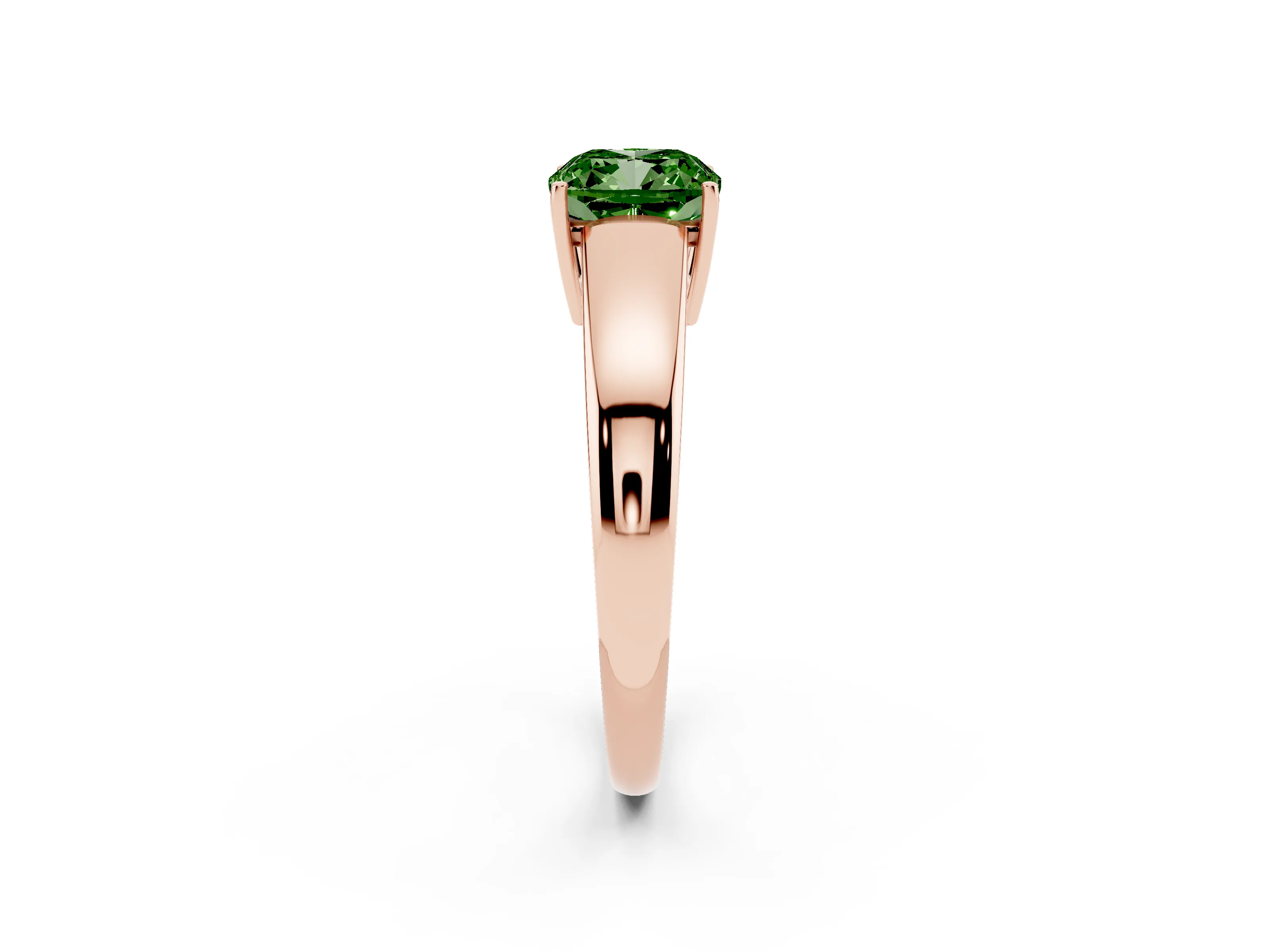 Fancy Green Cushion Cut Diamond Solitaire Ring Set in Rose gold with Tapered Band and Prong Setting
