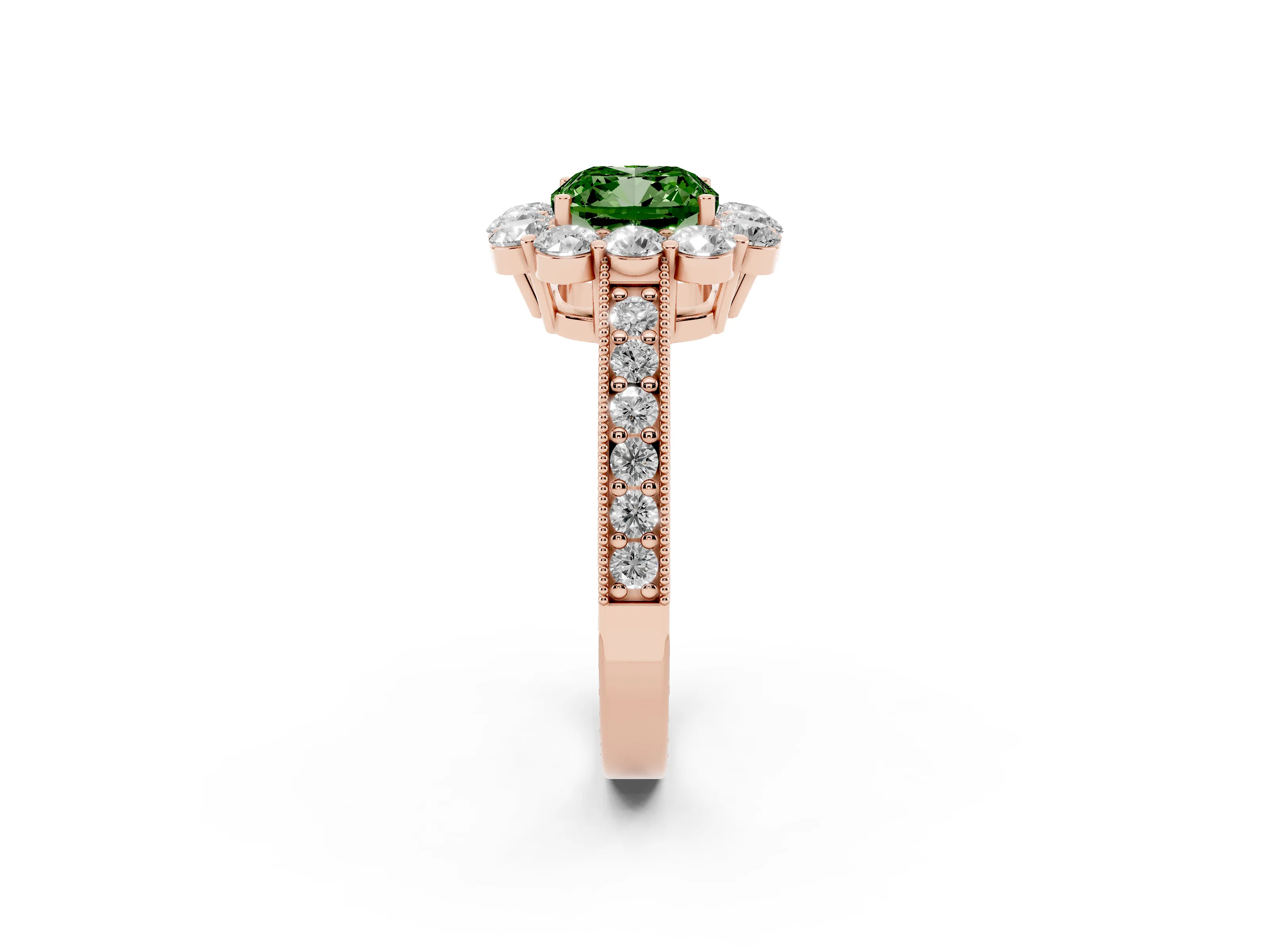 Fancy Green Cushion Cut Diamond Halo Pavé Engagement Ring Set in Rose gold with Milgrain Detailing