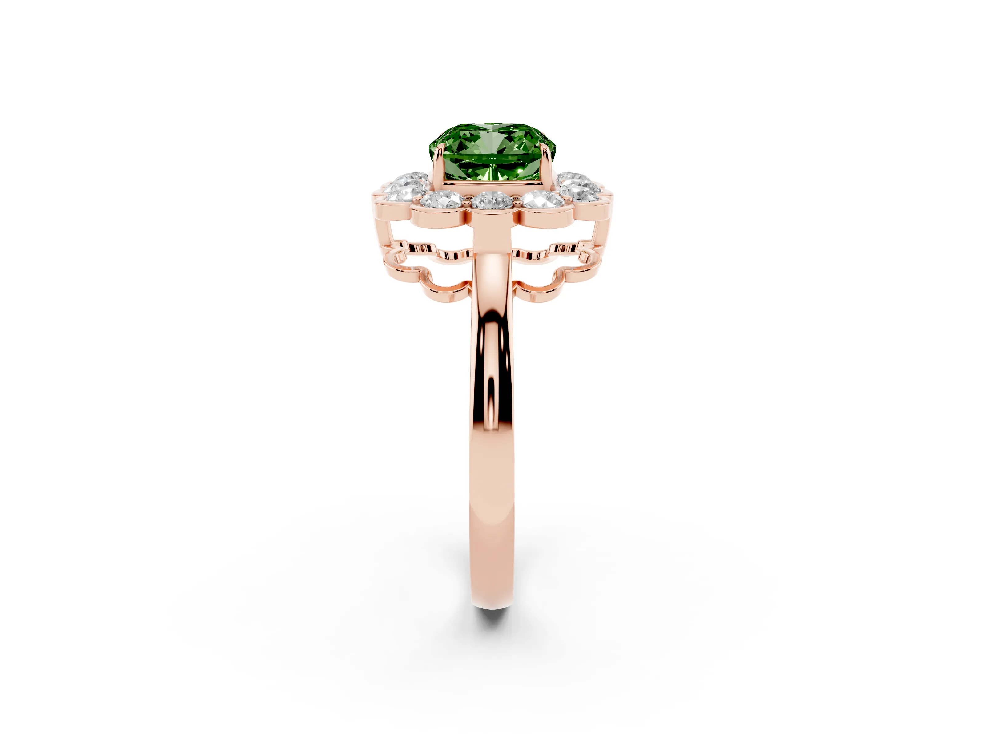 Fancy Green Cushion Cut Diamond Halo Cluster Engagement Ring Set in Rose gold with Solitaire Band and Prong Setting