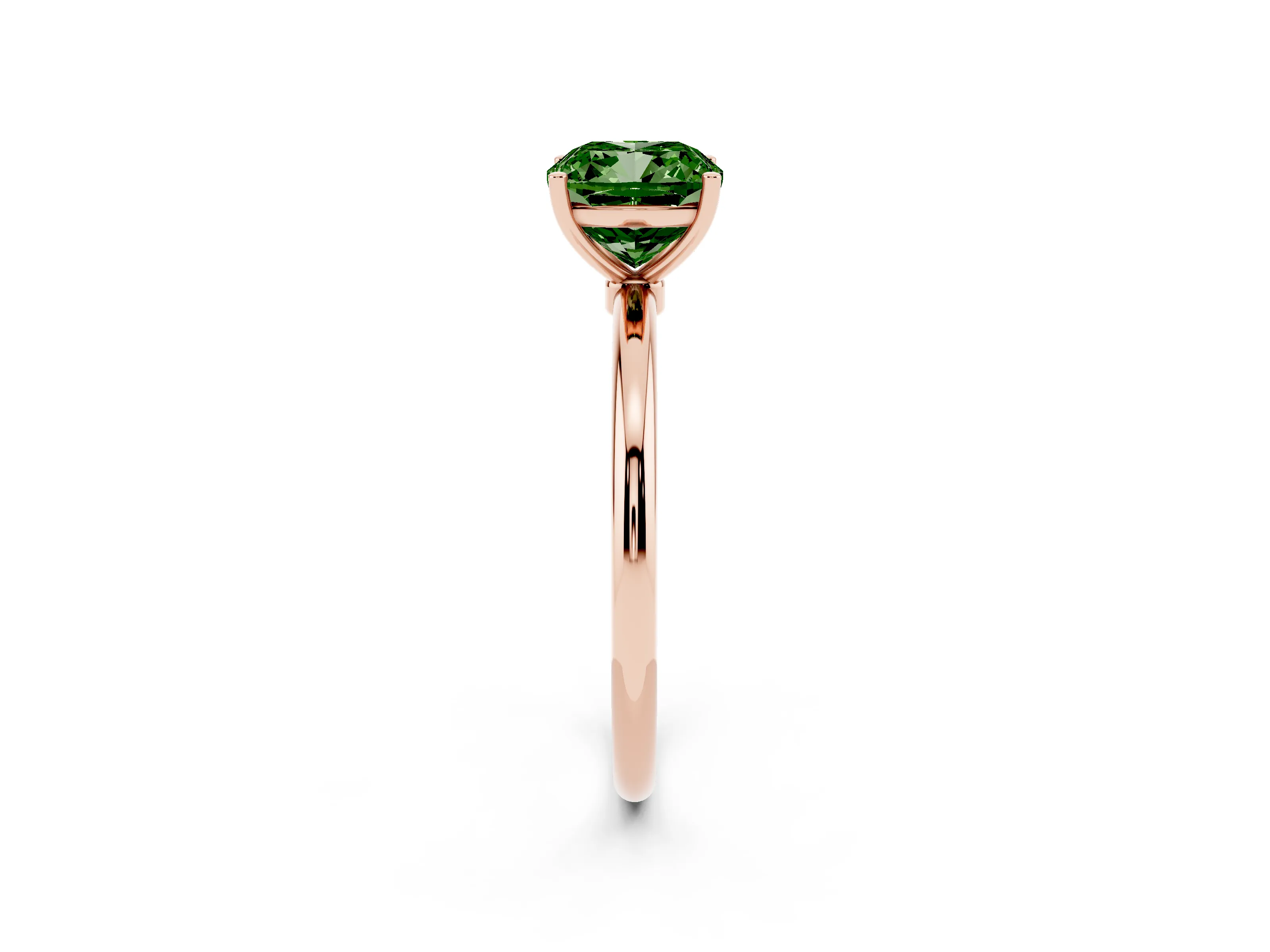 Fancy Green Cushion Cut Diamond Solitaire Engagement Ring Set in Rose gold with Thin Band and Prong Setting