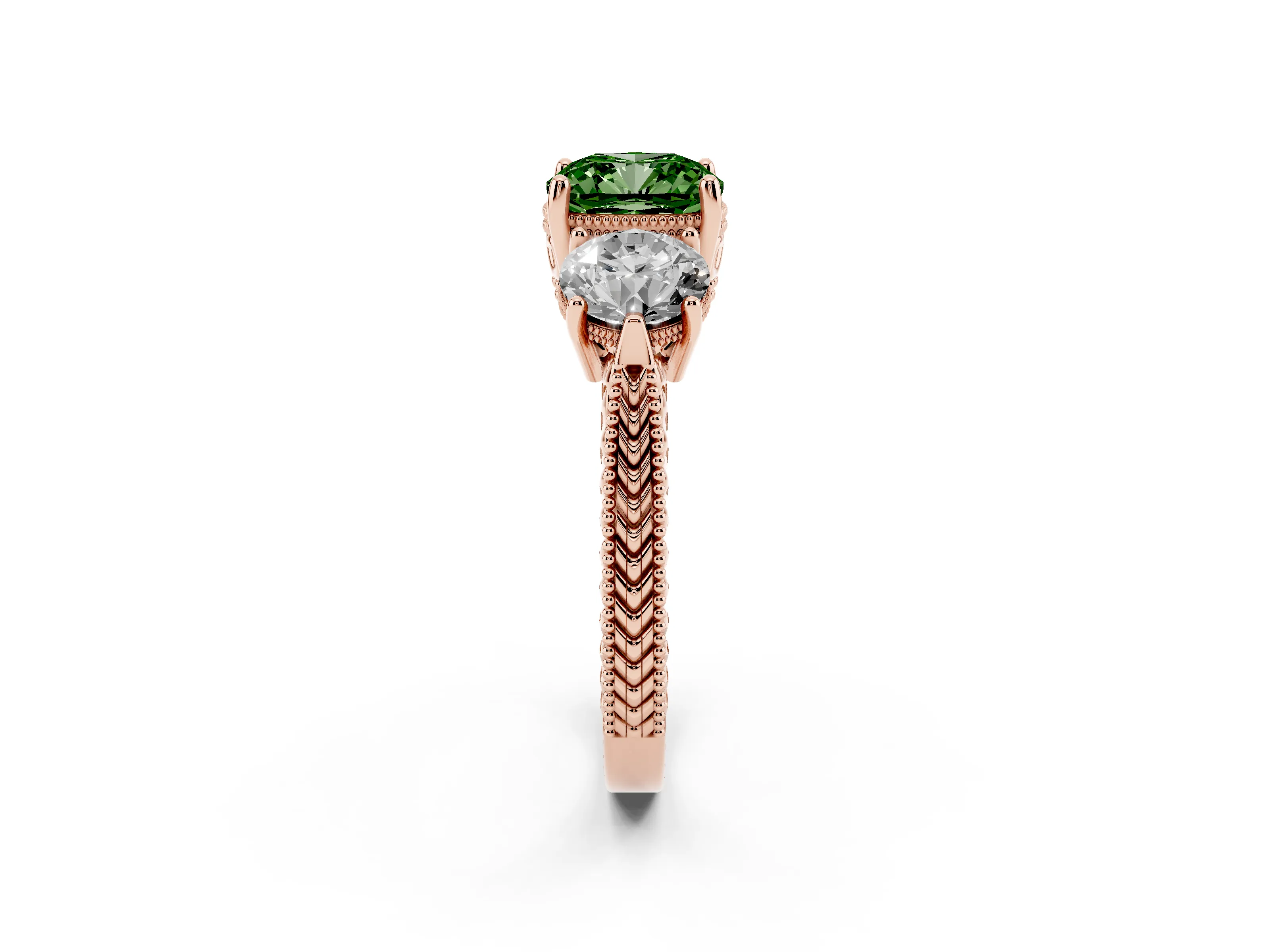 Fancy Green Cushion Cut Diamond Three-Stone Ring Set in Rose gold with Milgrain Band
