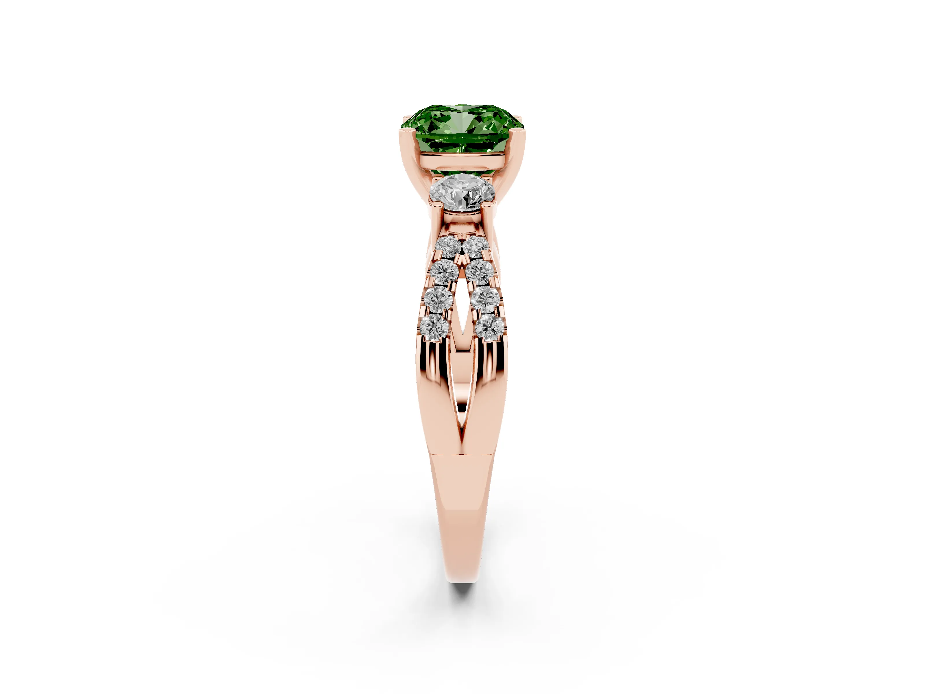 Fancy Green Cushion Cut Diamond Three-Stone Ring Set in Rose gold with Pavé Split Shank and Prong Setting