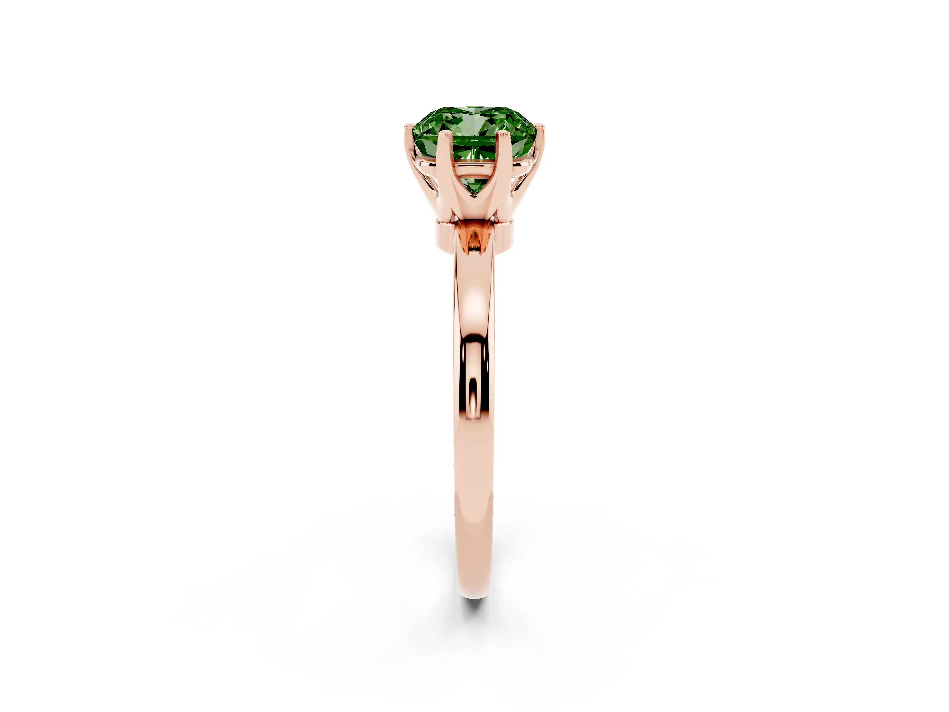 Fancy Green Cushion Cut Diamond Solitaire Ring Set in Rose gold with Raised Prong Setting on a Classic Band