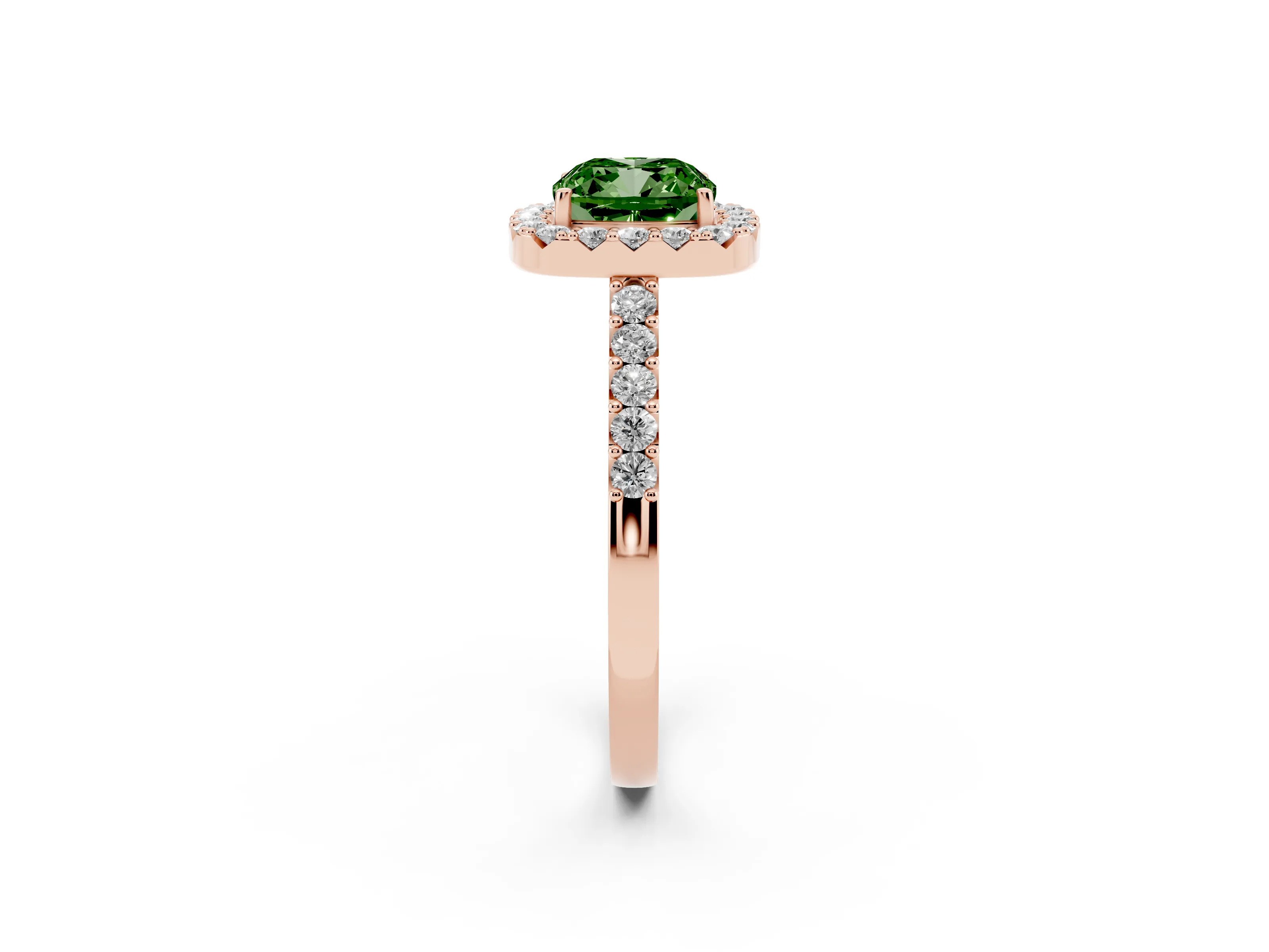Fancy Green Cushion Cut Diamond Halo Pavé Solitaire Ring Set in Rose gold with Prong-Set Center Stone