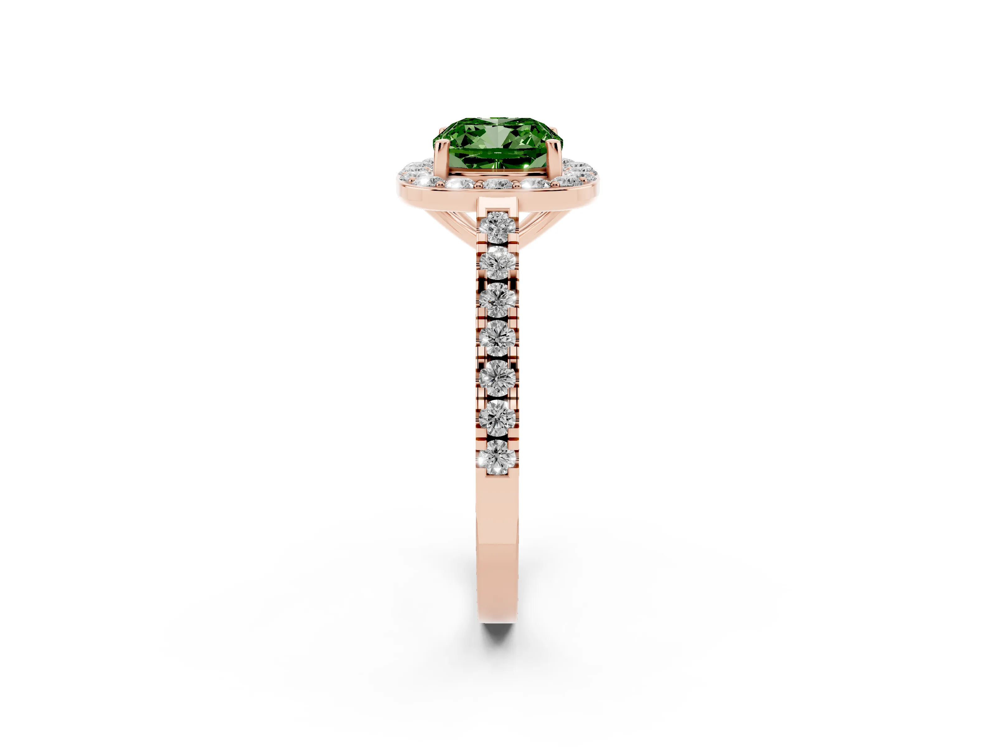 Fancy Green Cushion Cut Diamond Halo Ring Set in Rose gold with Round Pavé Split Shank and Prong Setting