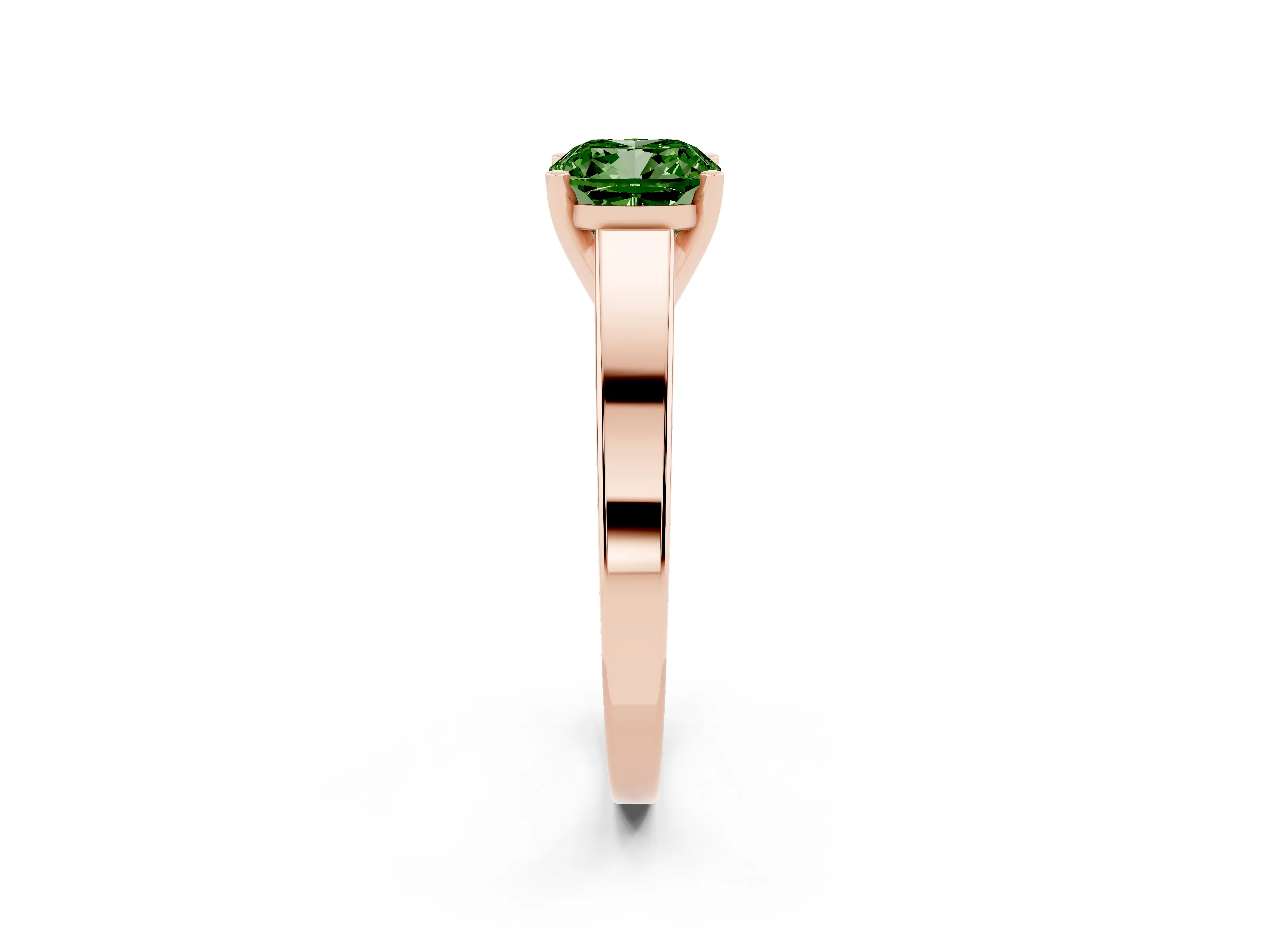 Fancy Green Cushion Cut Diamond Solitaire Engagement Ring Set in Rose gold with Prong Setting and Tapered Band