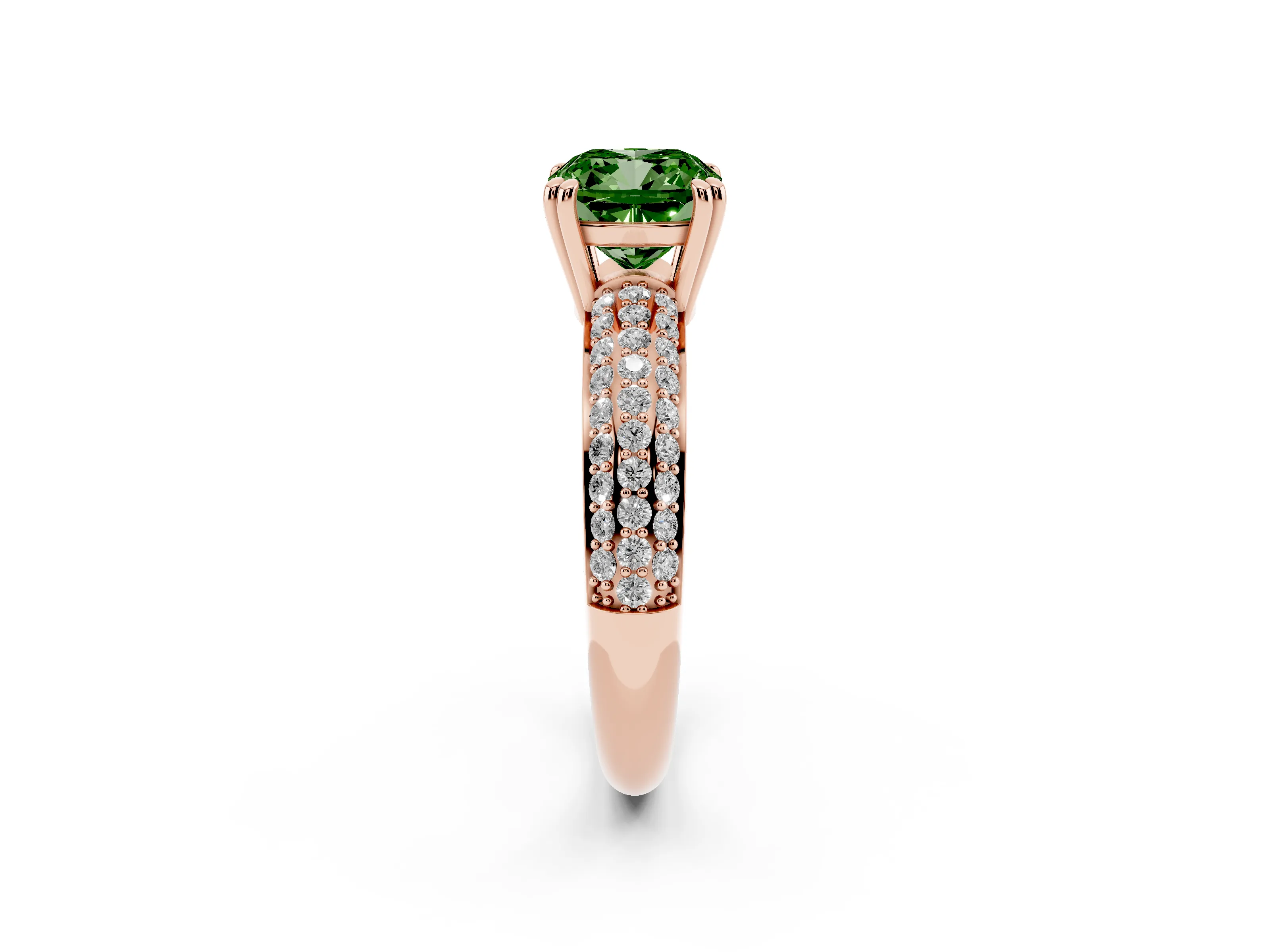 Fancy Green Cushion Cut Diamond Solitaire Ring Set in Rose gold with Multi-Row Round Pavé Band and Prong Setting