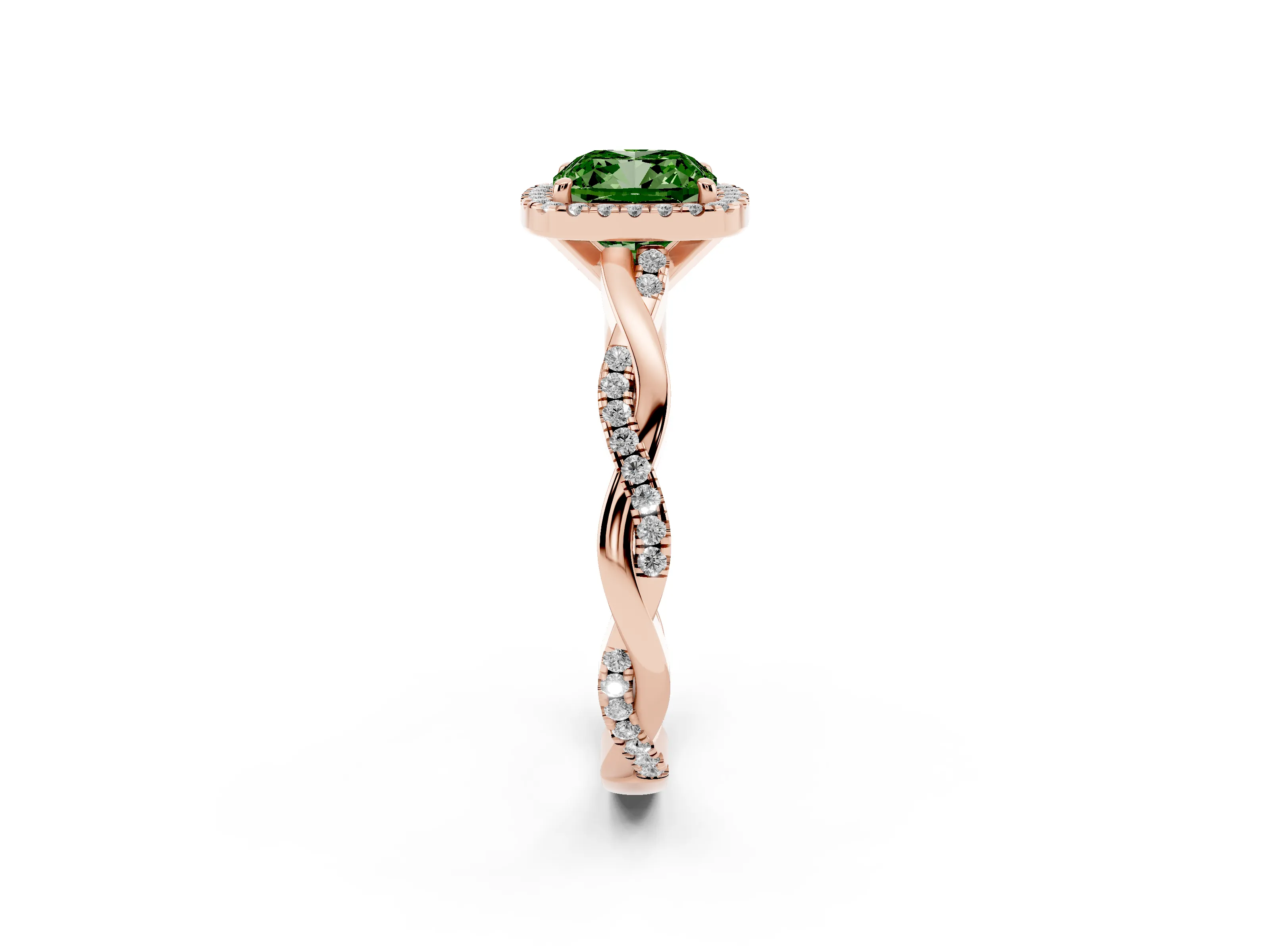 Fancy Green Cushion Cut Diamond Halo Twisted Band Ring Set in Rose gold with Prong Setting