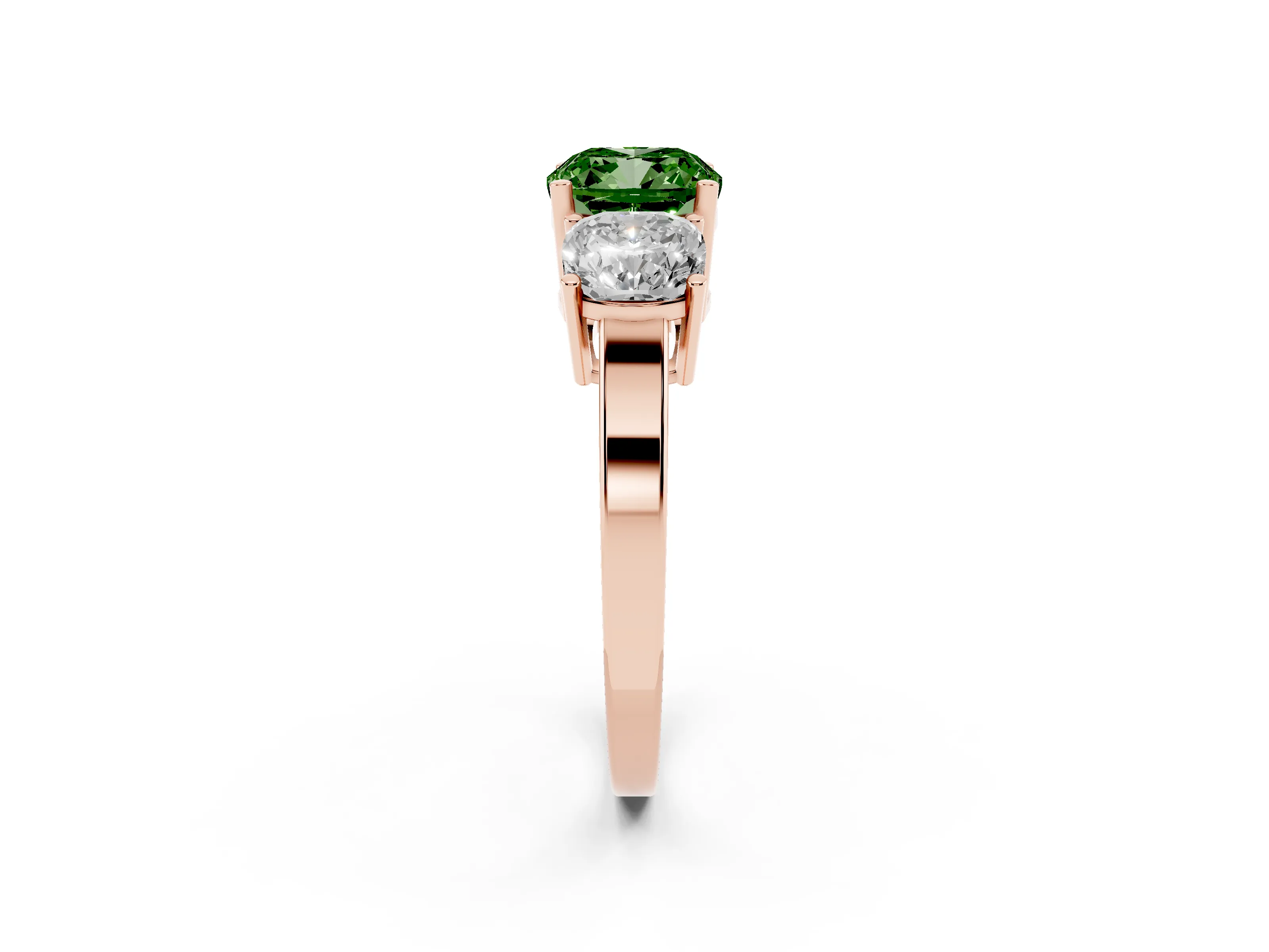 Fancy Green Cushion Cut Diamond Three-Stone Engagement Ring Set in Rose gold with Flat Band