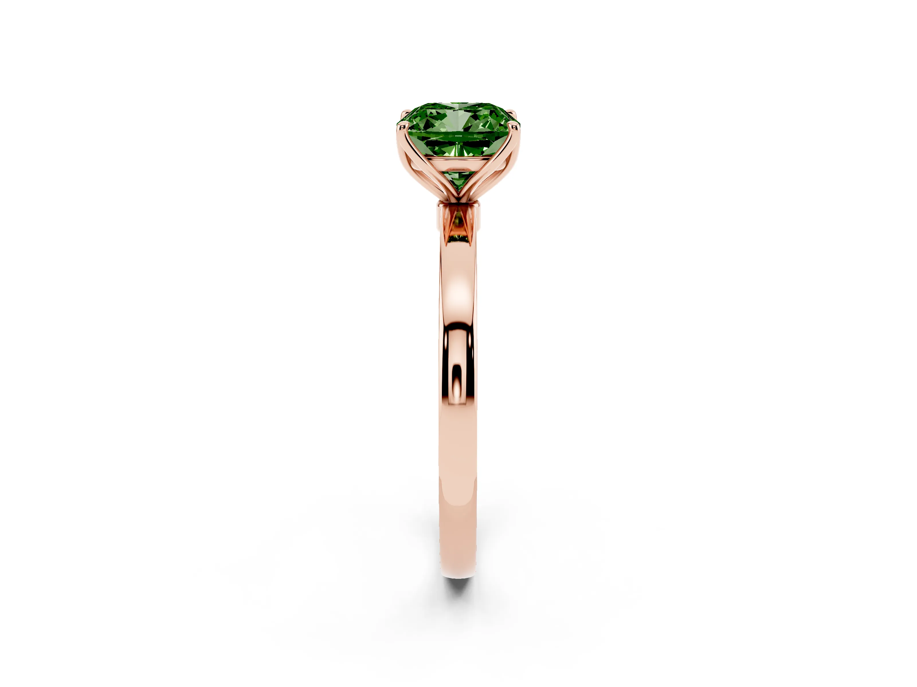 Fancy Green Cushion Cut Diamond Solitaire Ring Set in Rose gold with Prong Setting and Thin Polished Band