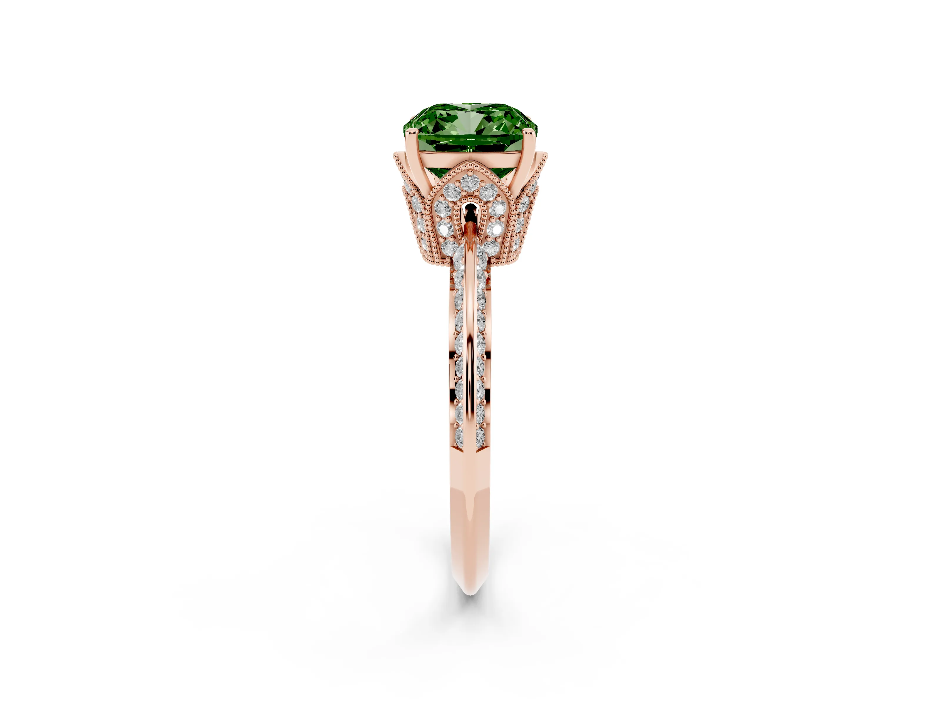 Fancy Green Cushion Cut Diamond Solitaire Engagement Ring Set in Rose gold with Pavé Split Shank and Prong Setting