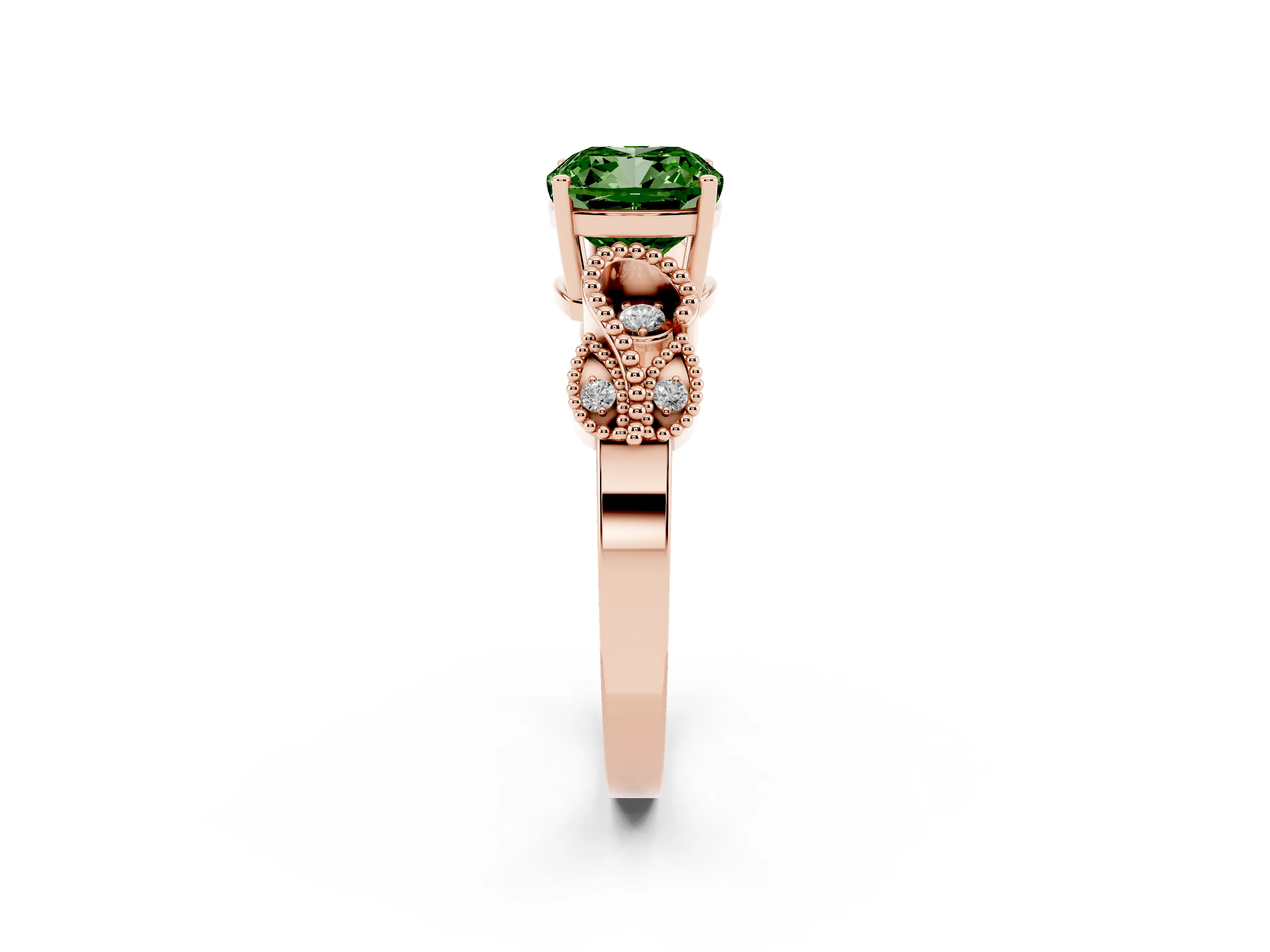 Fancy Green Cushion Cut Diamond Milgrain Leaf Band Solitaire Ring Set in Rose gold with Accent Stones and Prong Setting