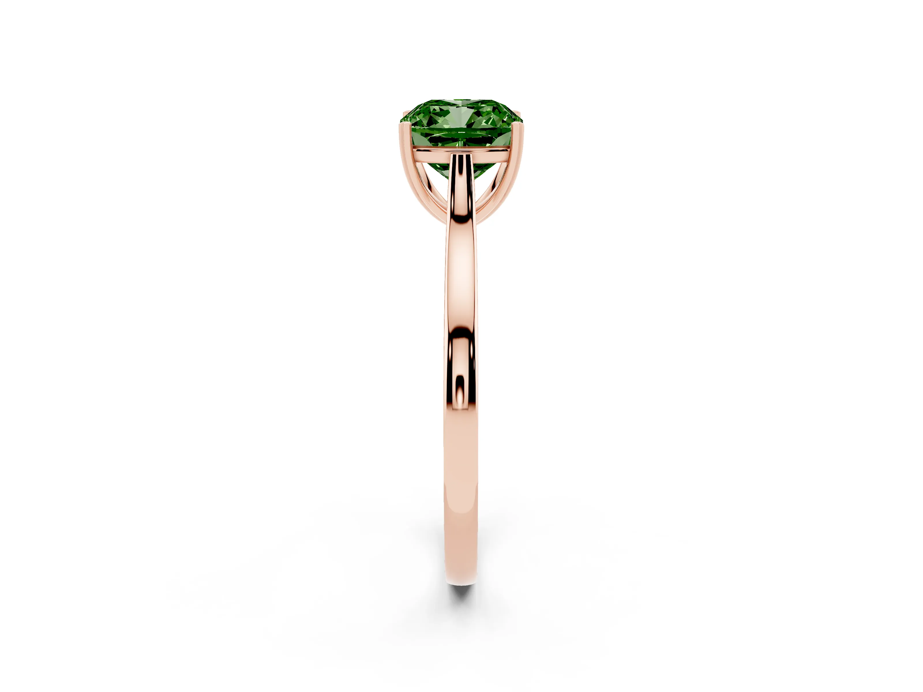 Fancy Green Cushion Cut Diamond Solitaire Heart Prong Engagement Ring Set in Rose gold with Tapered Band