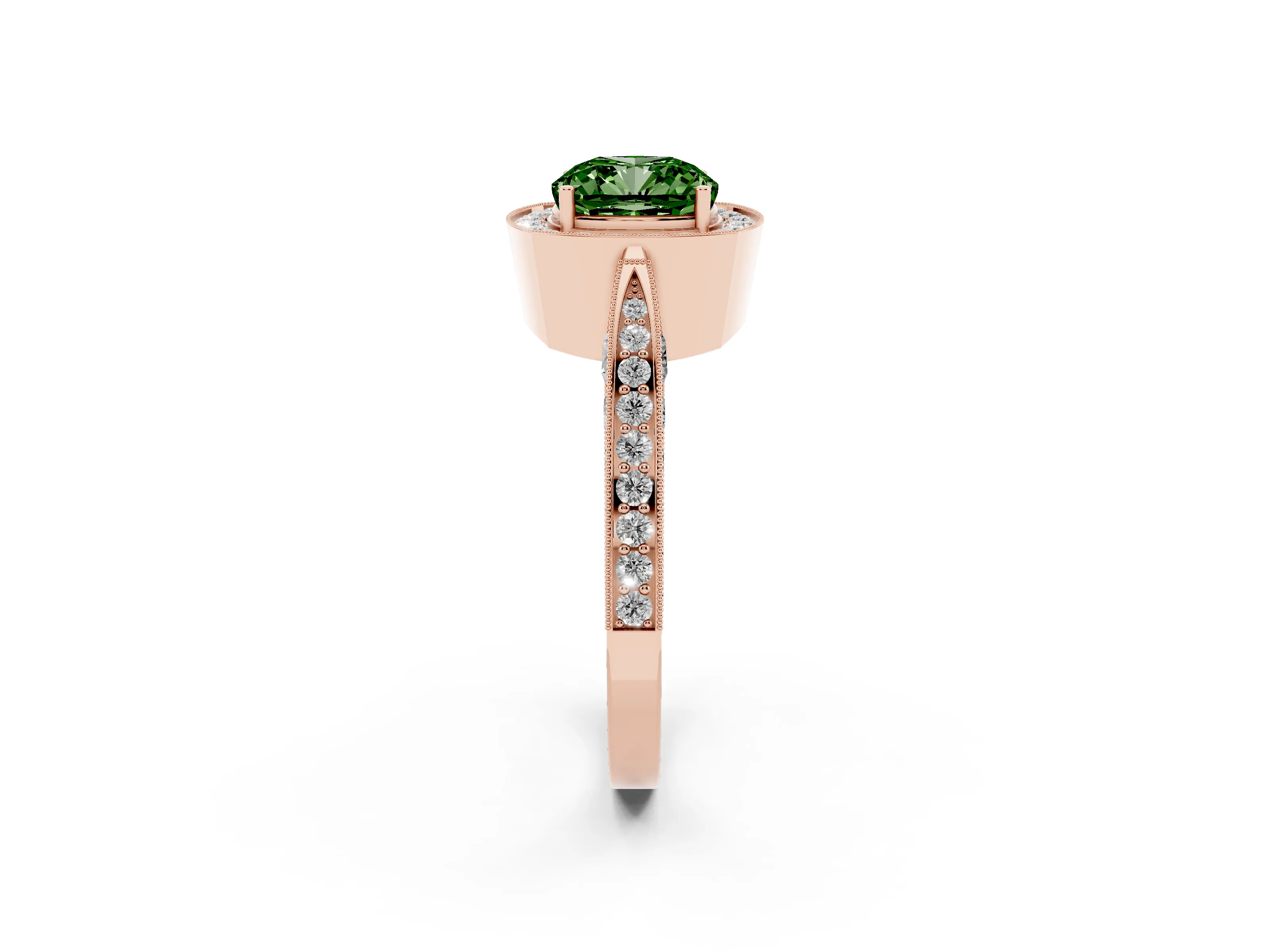 Fancy Green Cushion Cut Diamond Halo Engagement Ring Set in Rose gold with Accent Split Shank Band