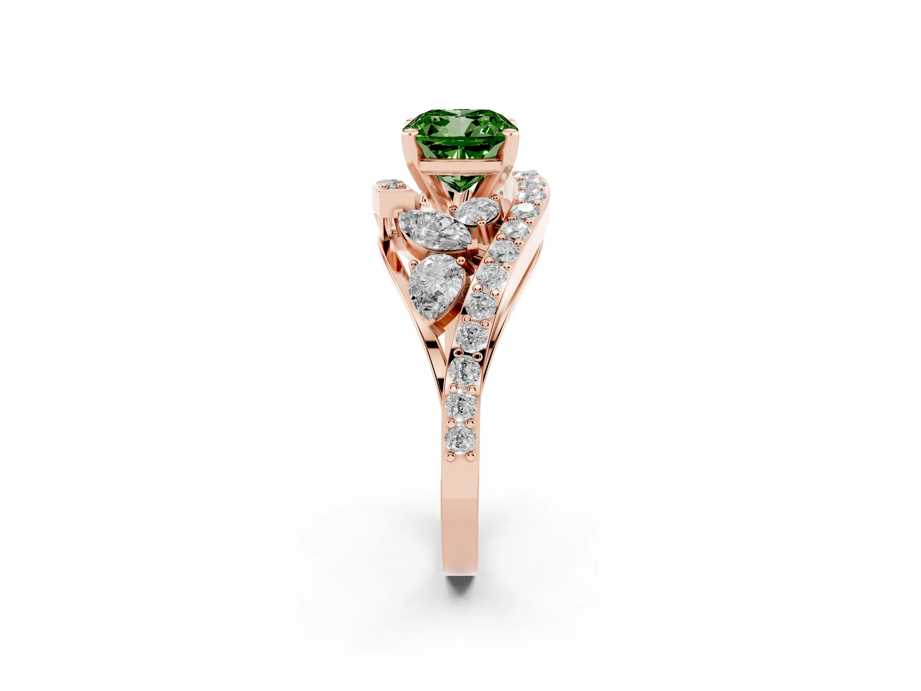 Fancy Green Cushion Cut Diamond Halo Ring Set in Rose gold with Marquise and Pavé Band in Prong Setting
