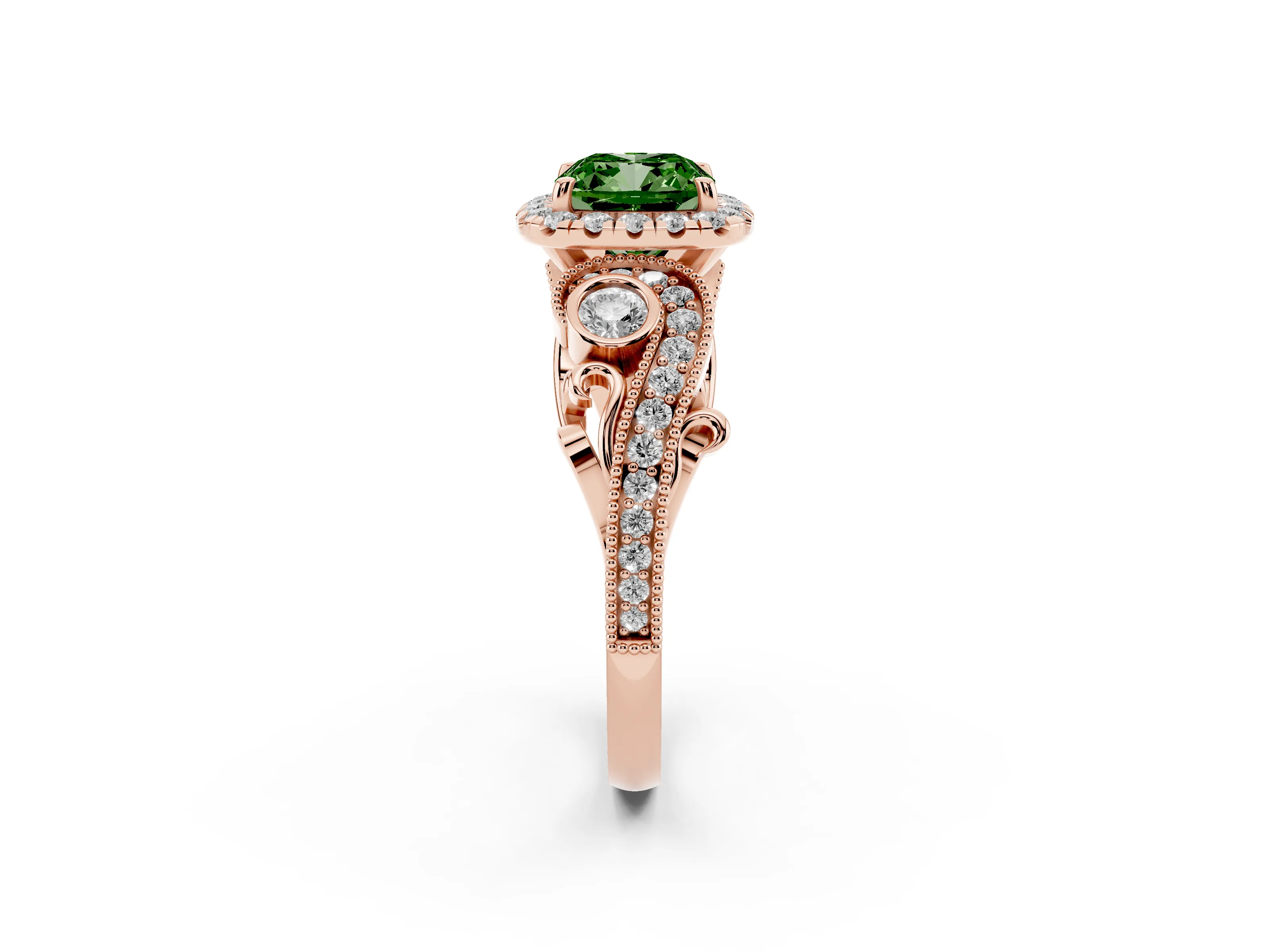 Fancy Green Cushion Cut Diamond Halo Ring Set in Rose gold with Milgrain Pavé Band and Prong Setting