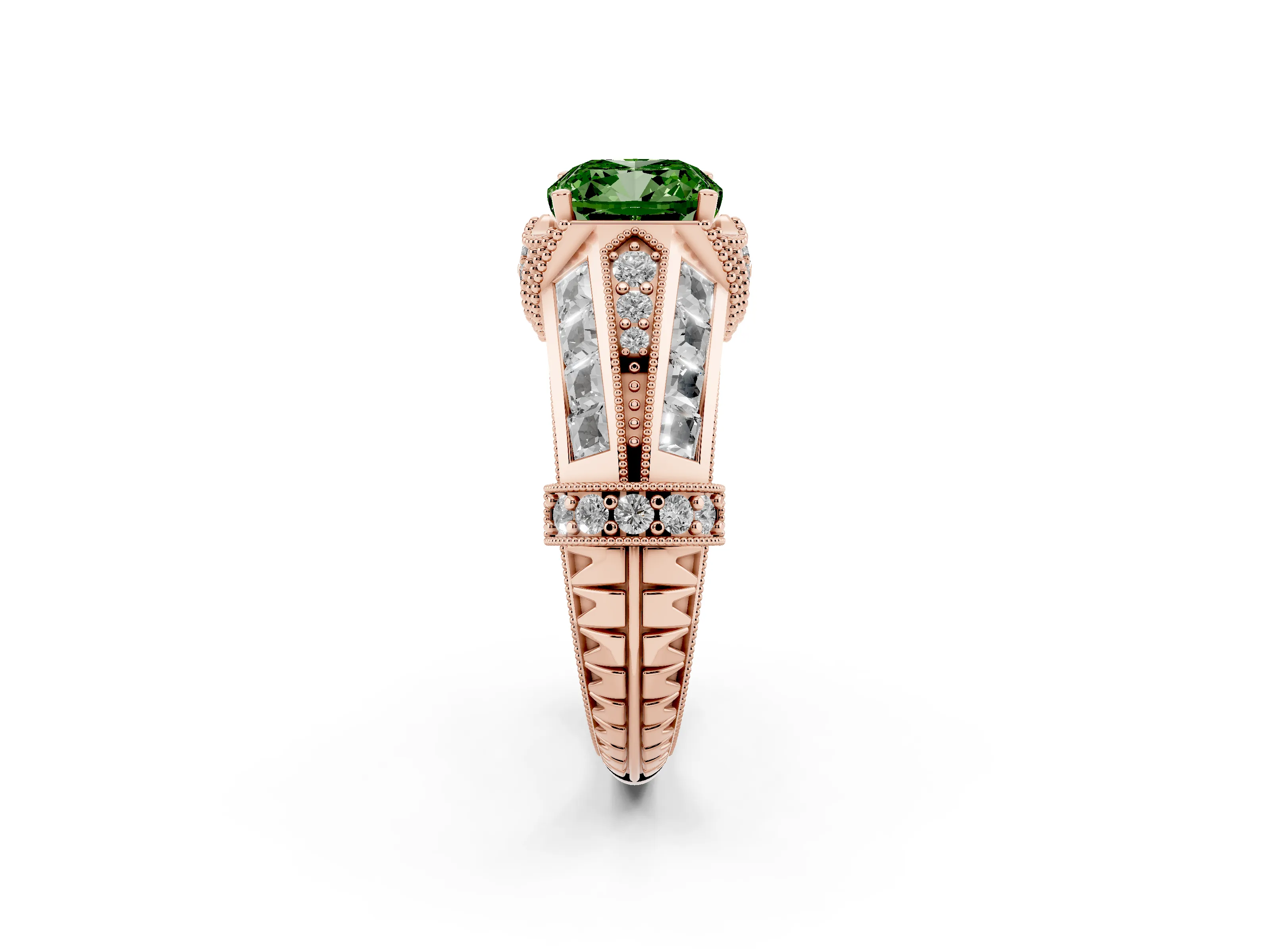 Fancy Green Cushion Cut Diamond Vintage-Inspired Milgrain Ring Set in Rose gold with Accent Split Shank