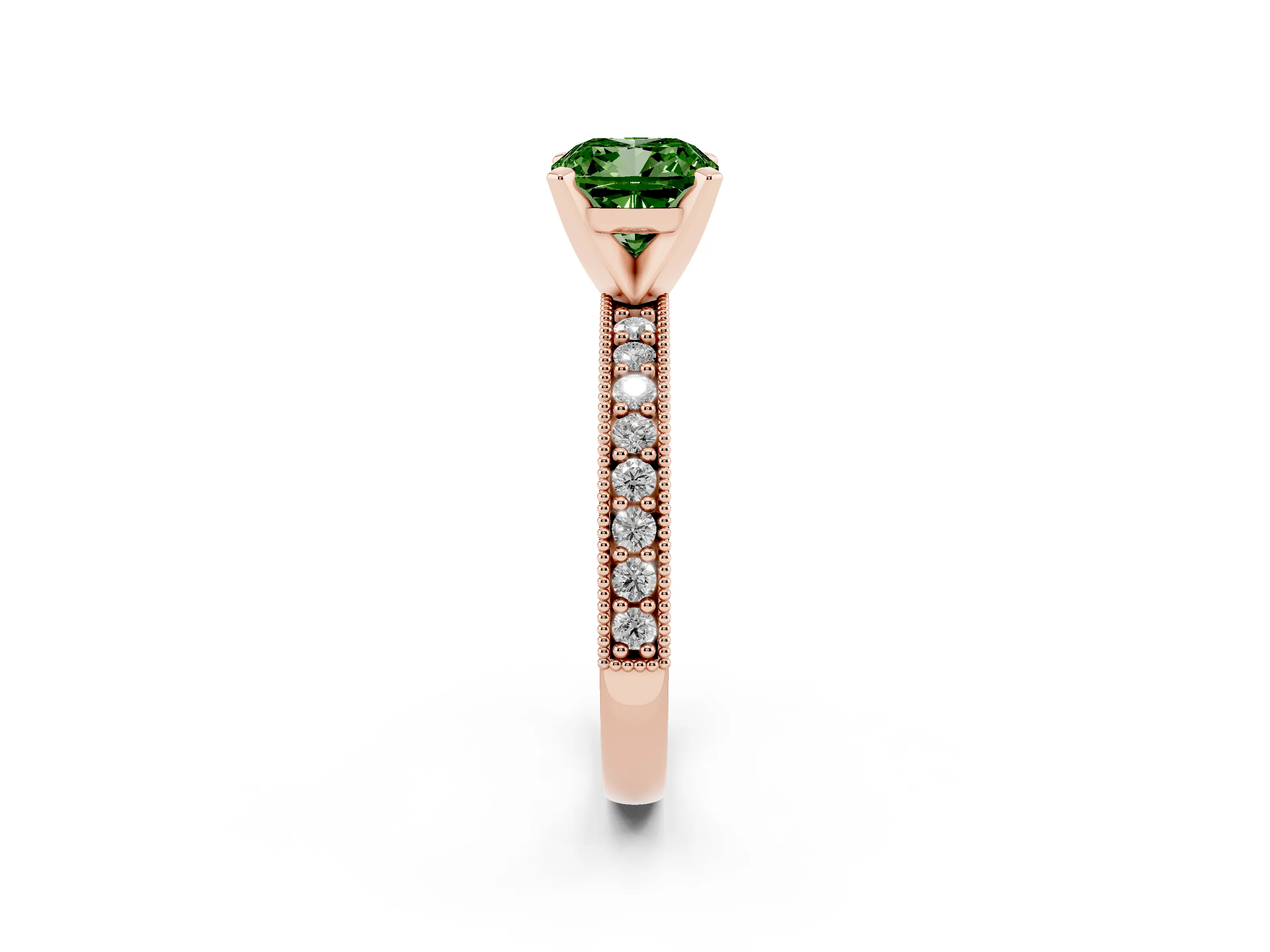 Fancy Green Cushion Cut Diamond Milgrain Pavé Engagement Ring Set in Rose gold with Prong Setting
