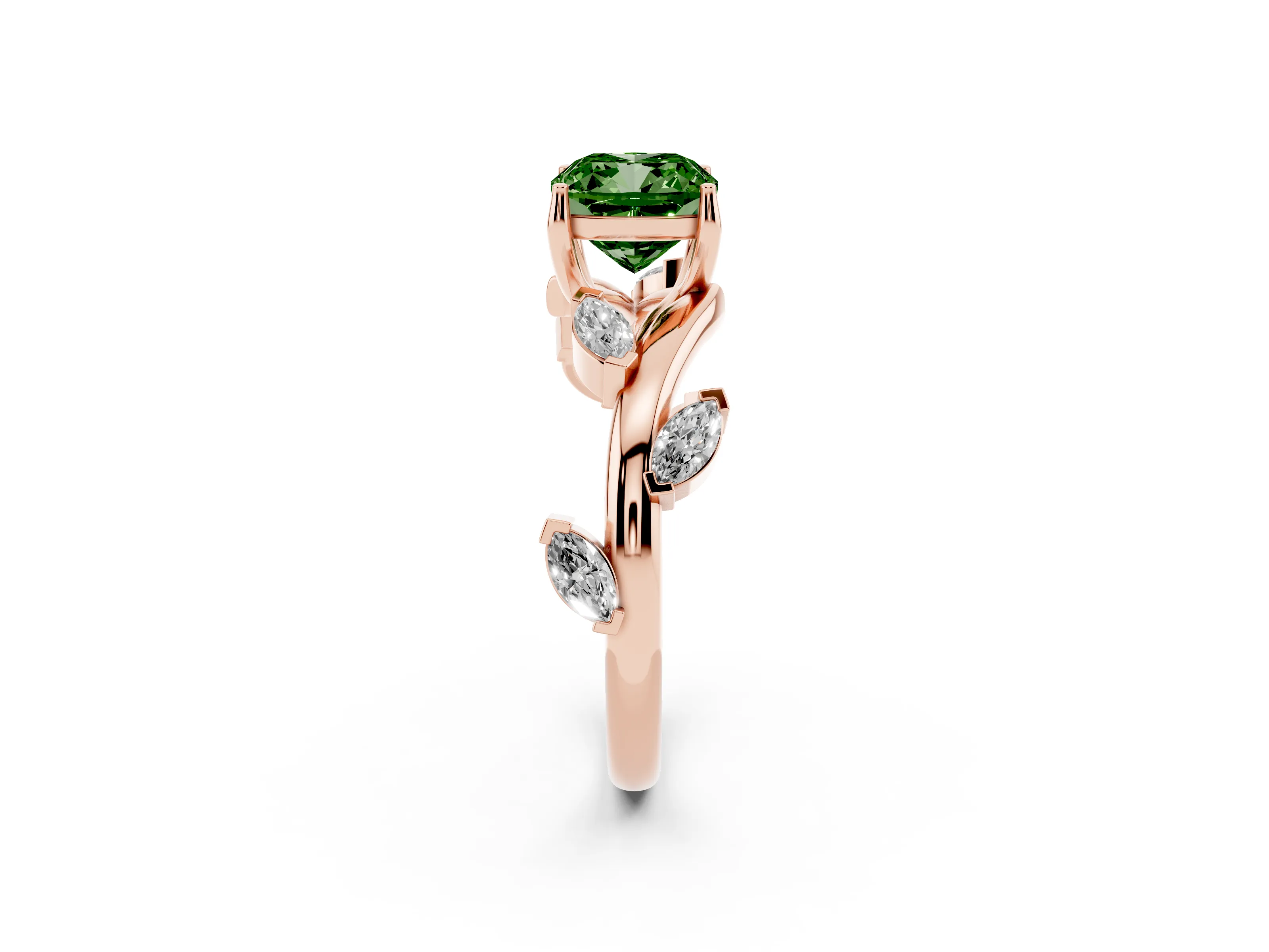 Fancy Green Cushion Cut Diamond Solitaire Ring Set in Rose gold with Twisted Marquise Accent Band