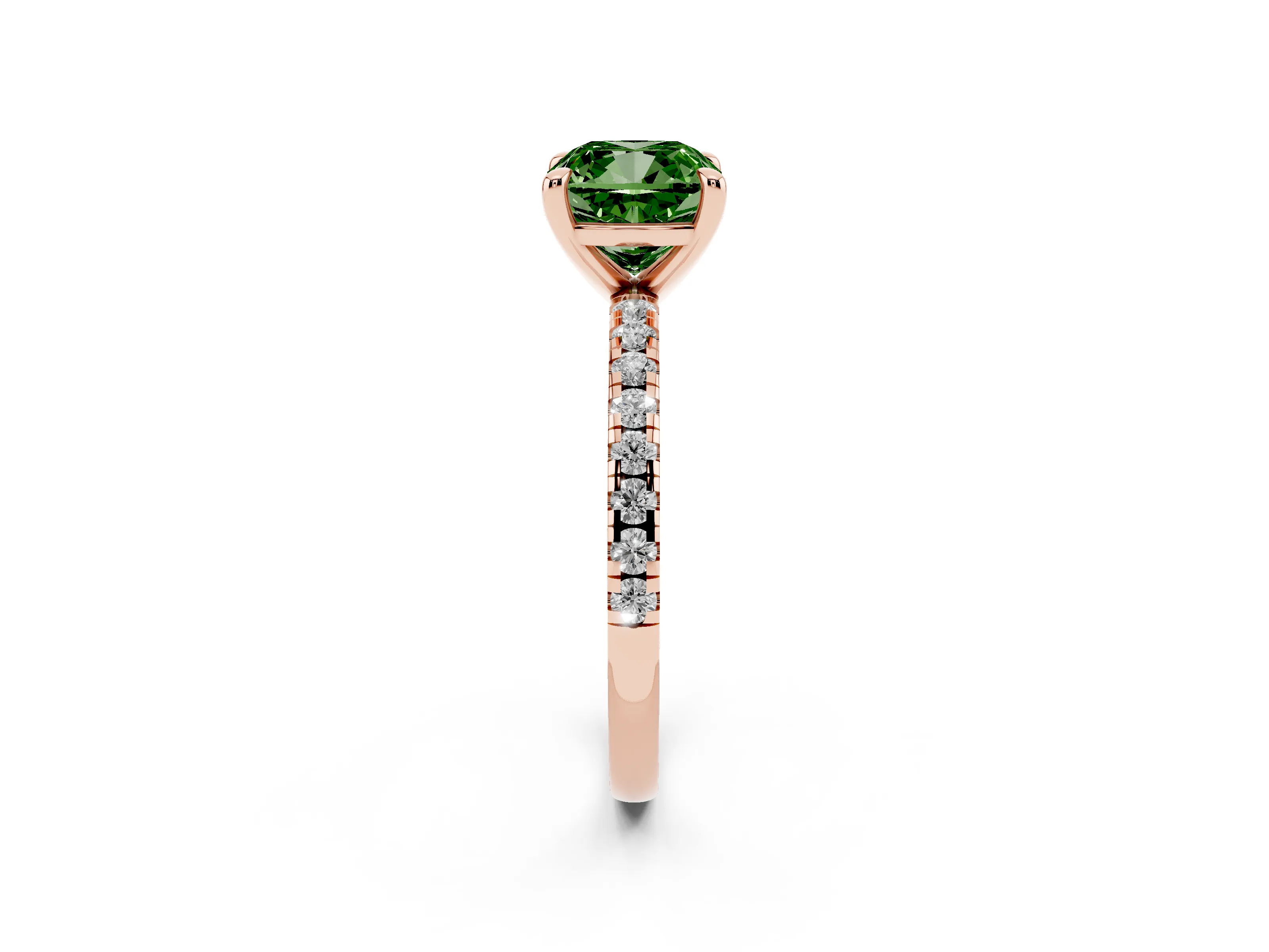 Fancy Green Cushion Cut Diamond Brilliant Solitaire Ring Set in Rose gold with Pavé Band and Prong Setting