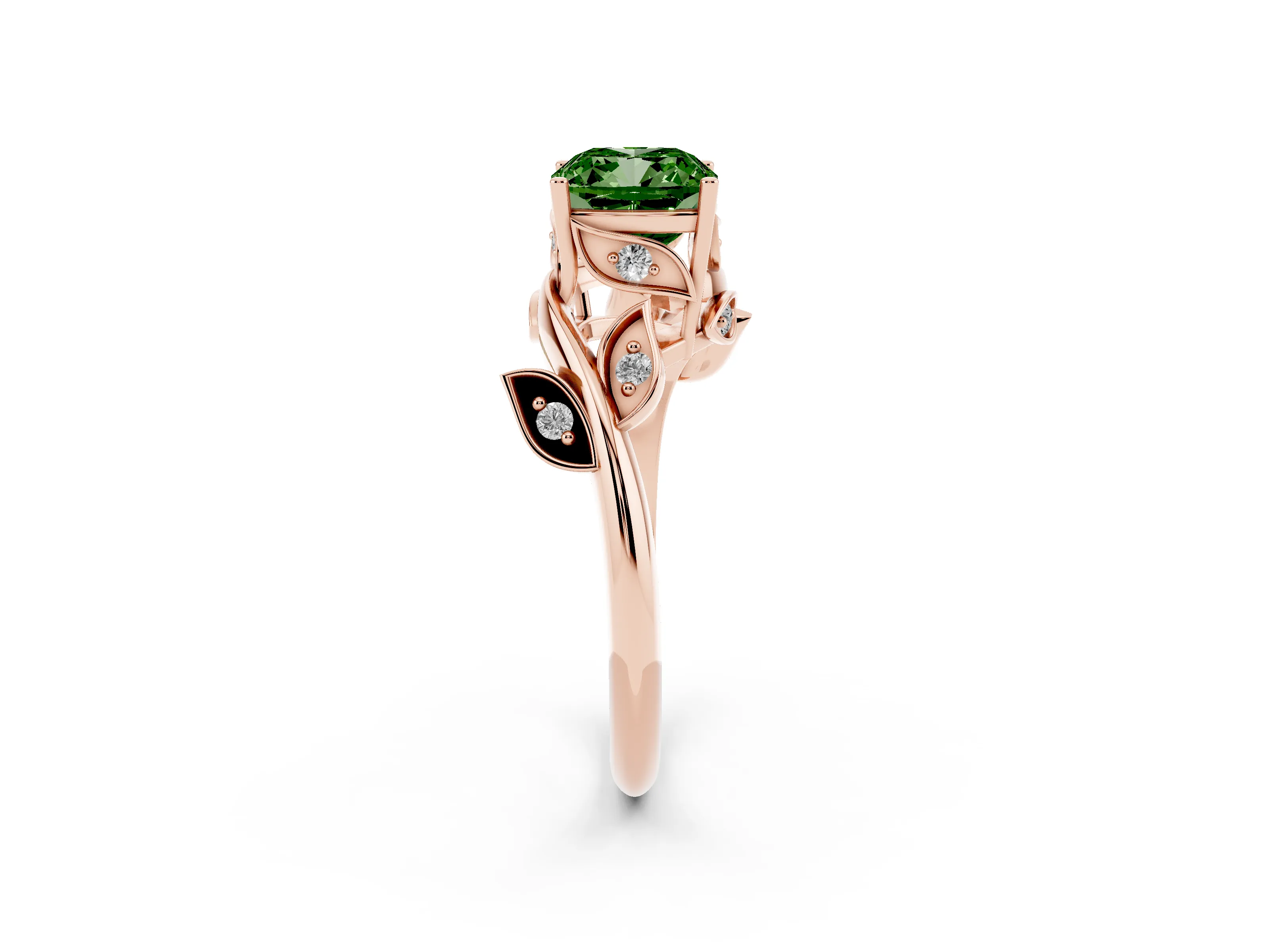 Fancy Green Cushion Cut Diamond Solitaire Twist Engagement Ring Set in Rose gold with Pavé Leaf Accents
