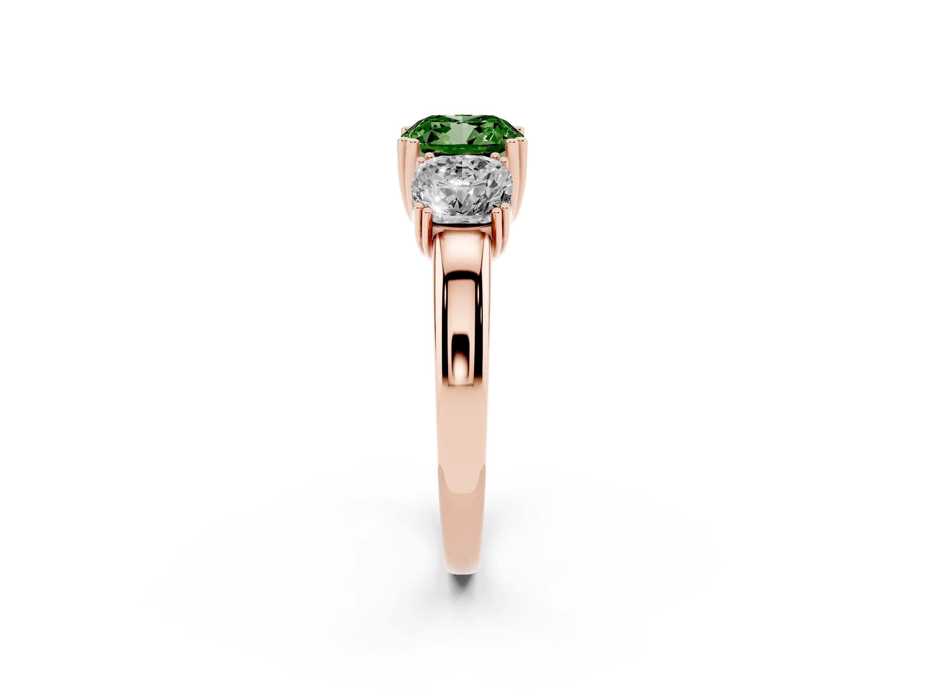 Fancy Green Cushion Cut Diamond Three-Stone Ring Set in Rose gold with Polished Band and Prong Setting